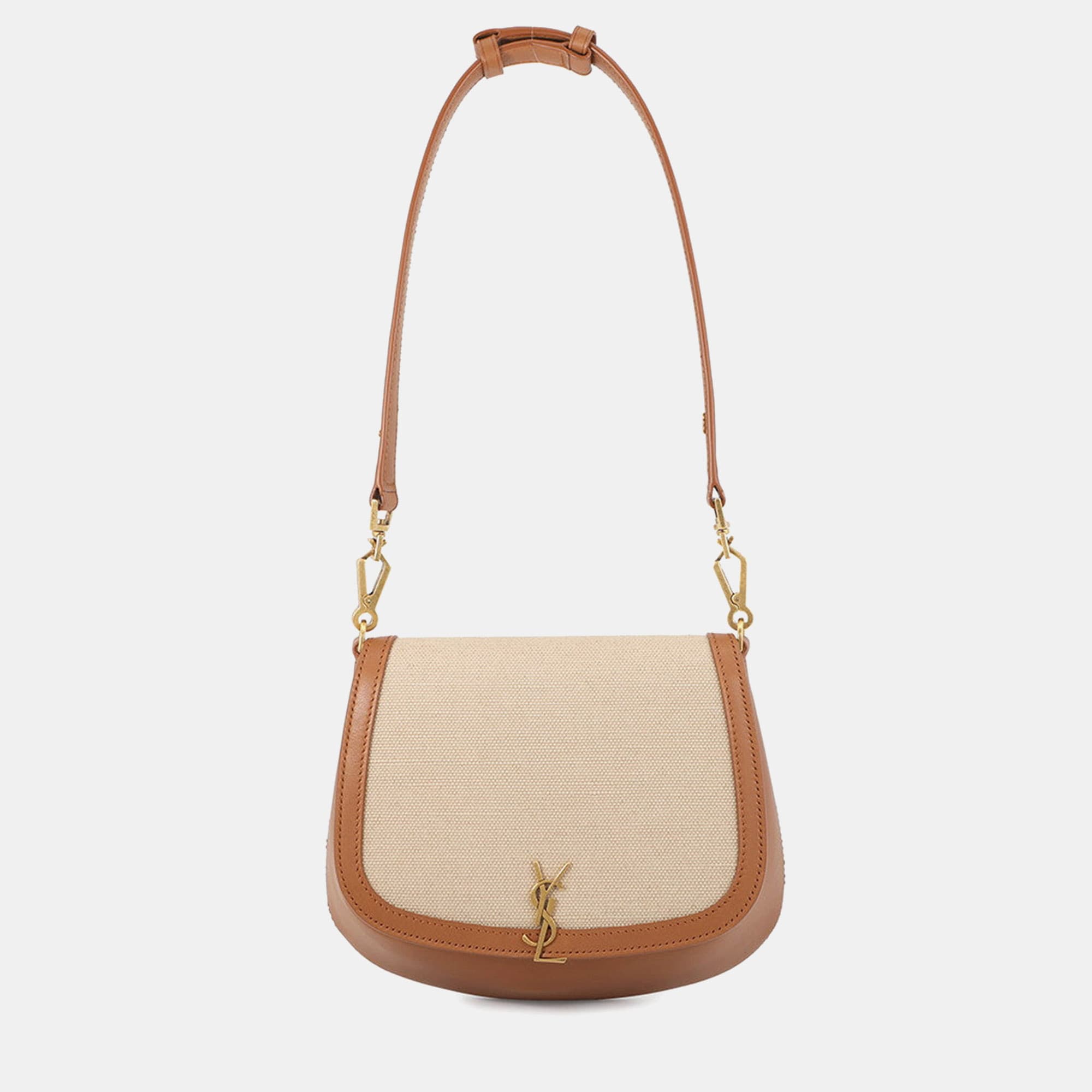 Saint Laurent Voltaire Mini Brown Beige Canvas Leather Shoulder Bag