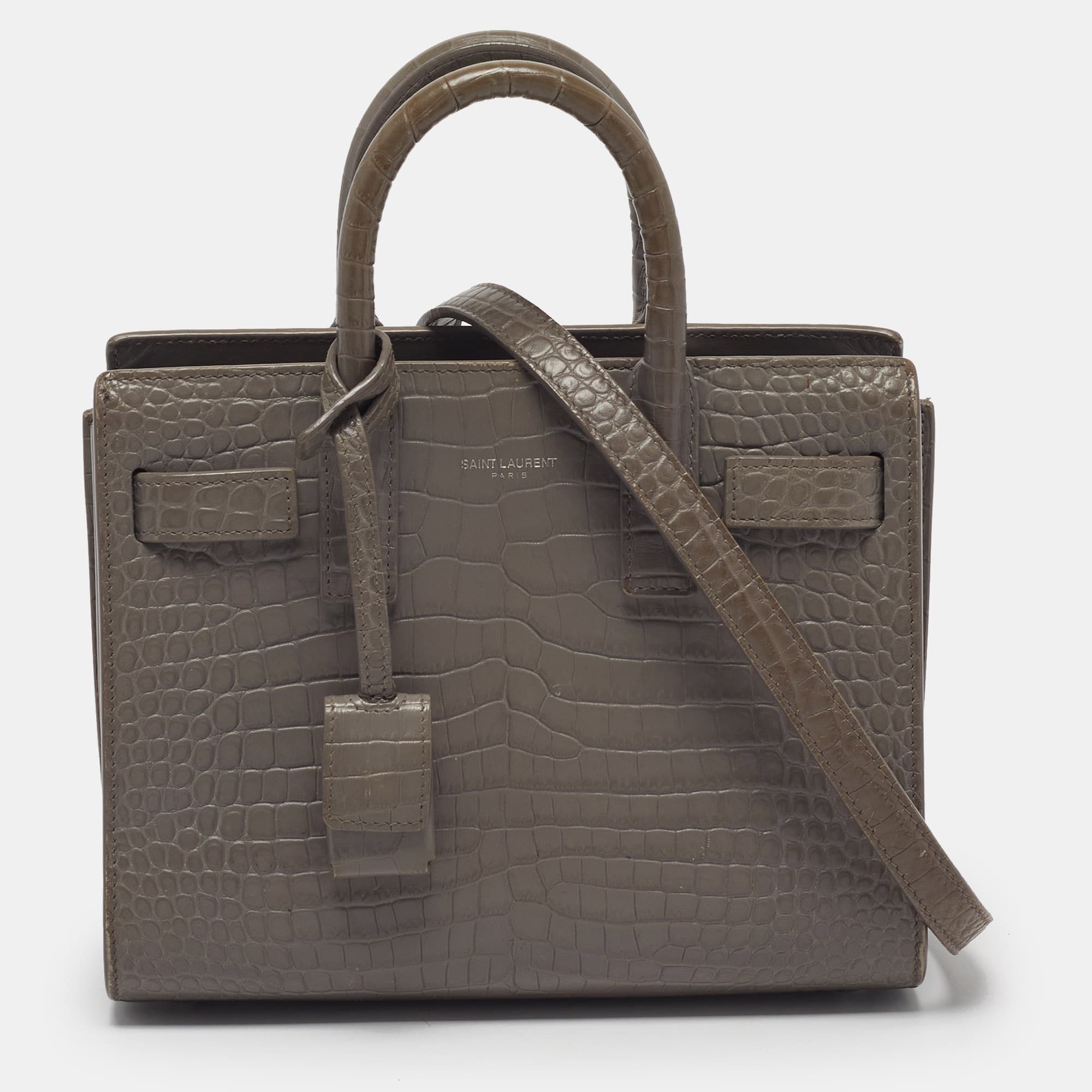 Saint Laurent Classic Sac De Jour Nano Grey Croc Embossed Leather Tote