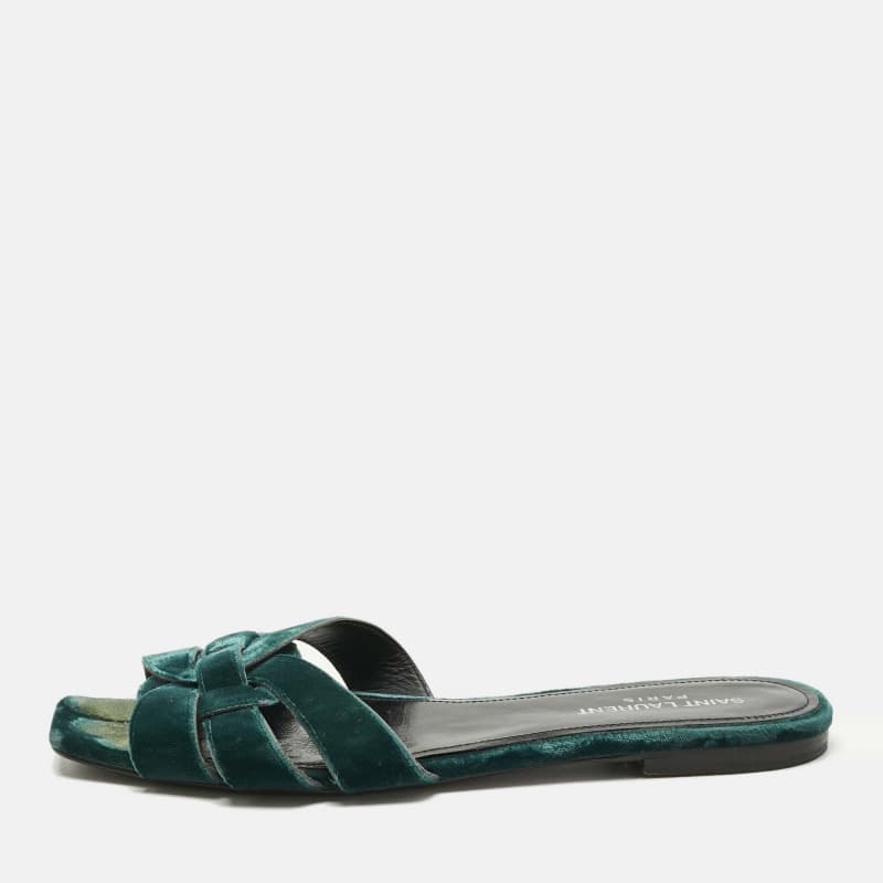 Saint Laurent Paris Green Velvet Tribute Flat Slide Size 38.5