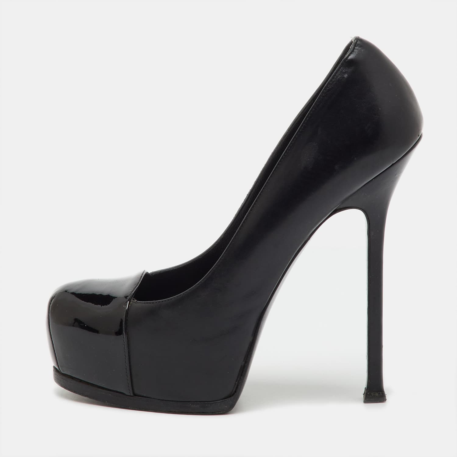 Saint Laurent Black Leather and Patent Leather Cap Toe Tribtoo Platform Pumps Size 38
