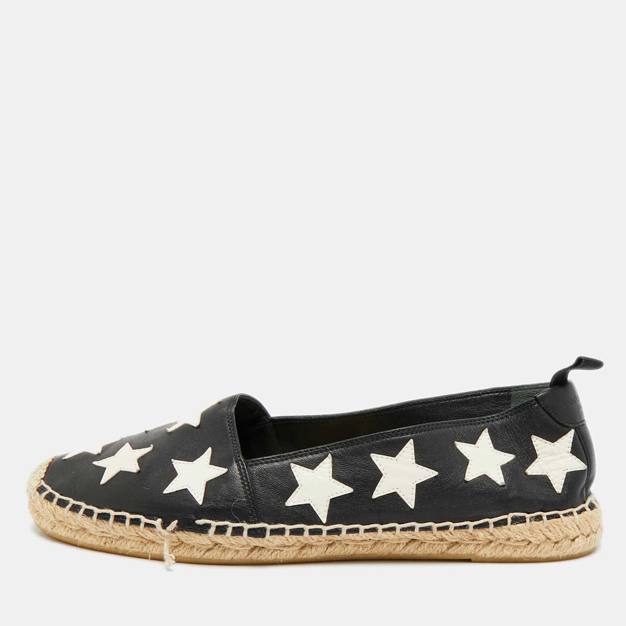 Saint Laurent Size 38 Black/White Leather Star Espadrille Loafers