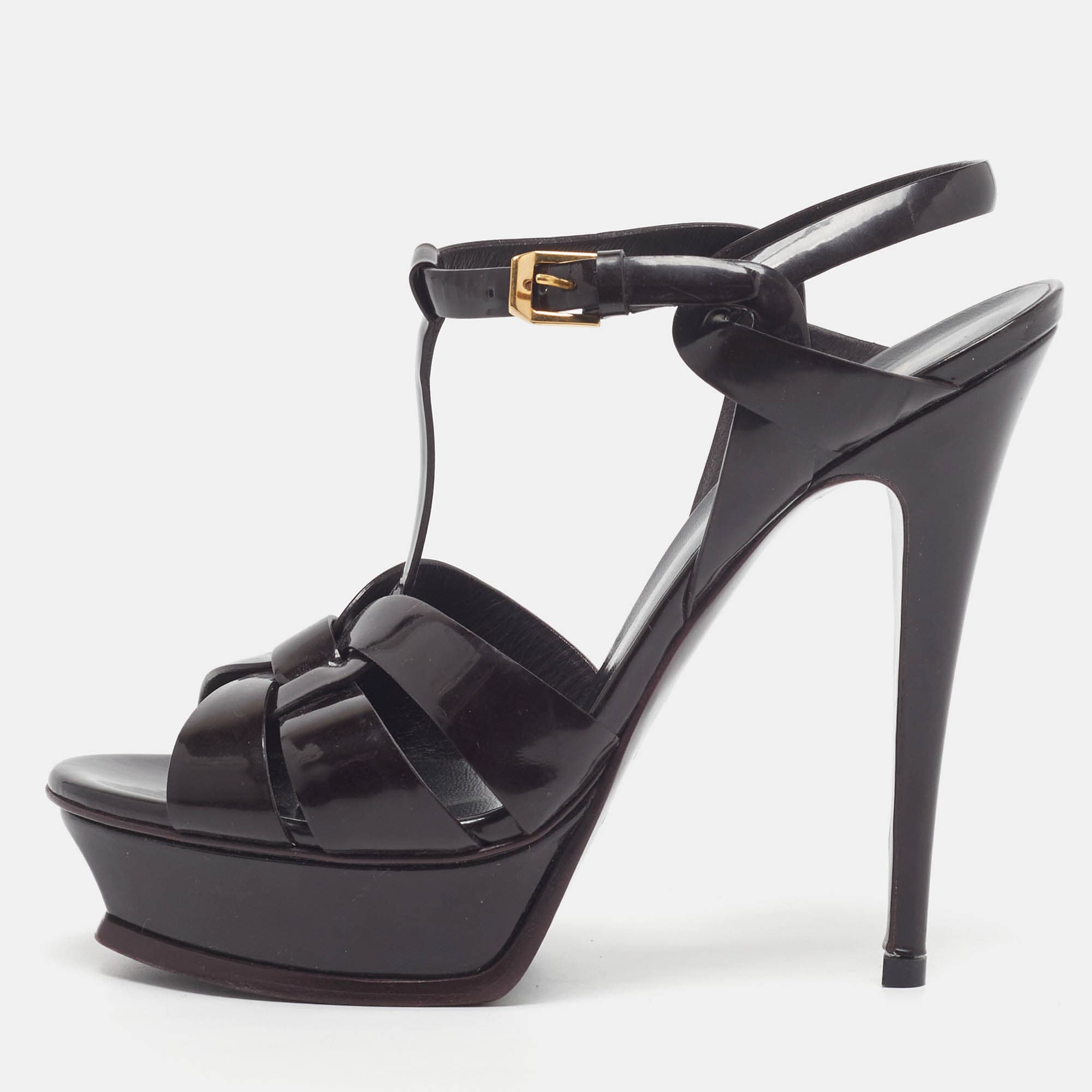 Saint Laurent Tribute Size 39.5 Burgundy Patent Leather Platform Sandals