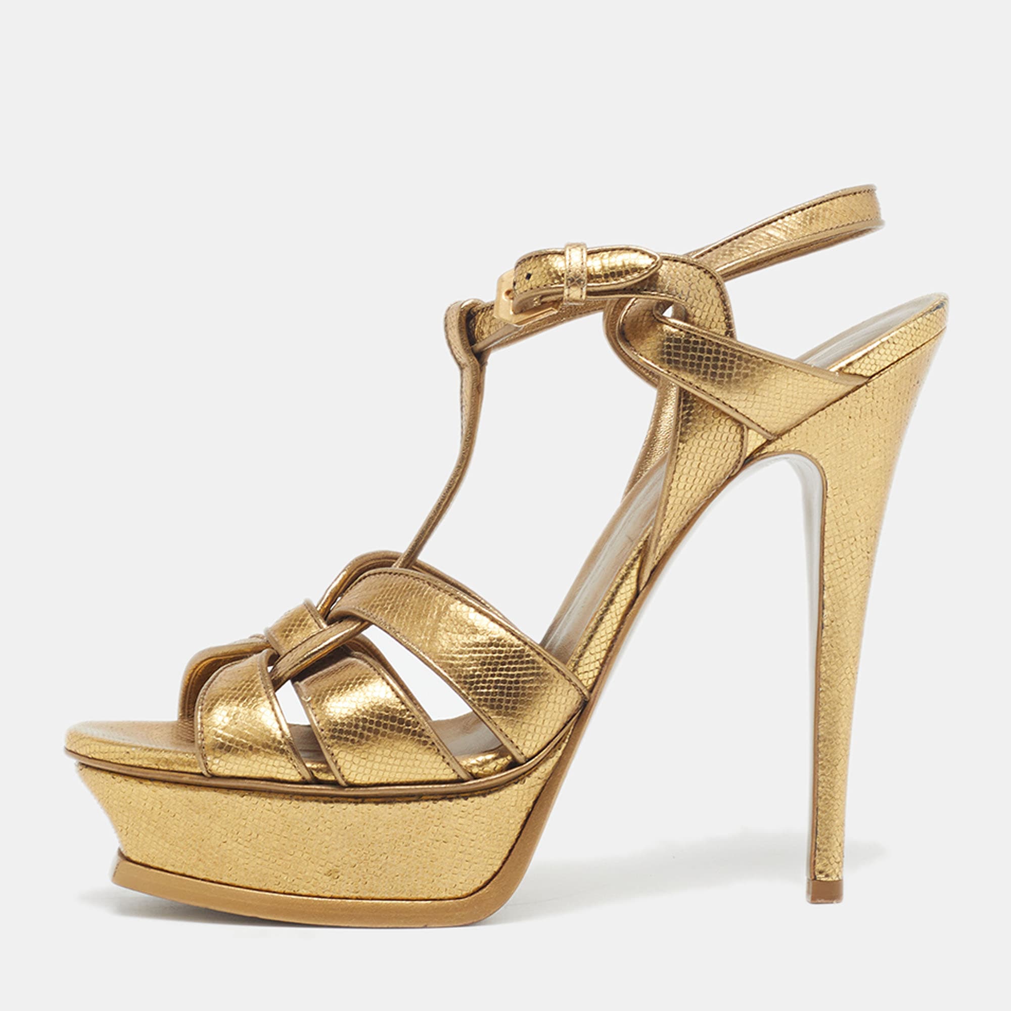 Saint Laurent Tribute Size 39 Gold Lizard Embossed Leather Platform Sandals