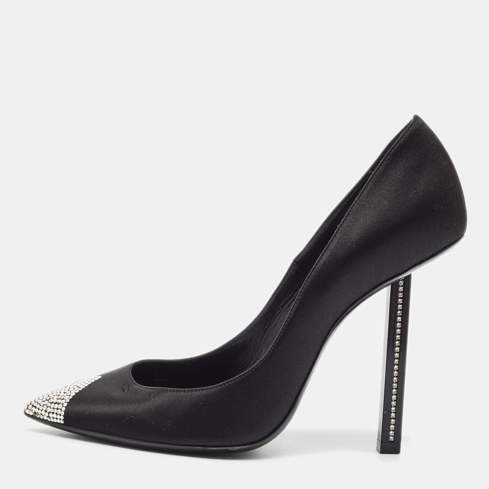 Saint Laurent Tower 110 Size 37 Black Satin Crystal Embellished Pumps