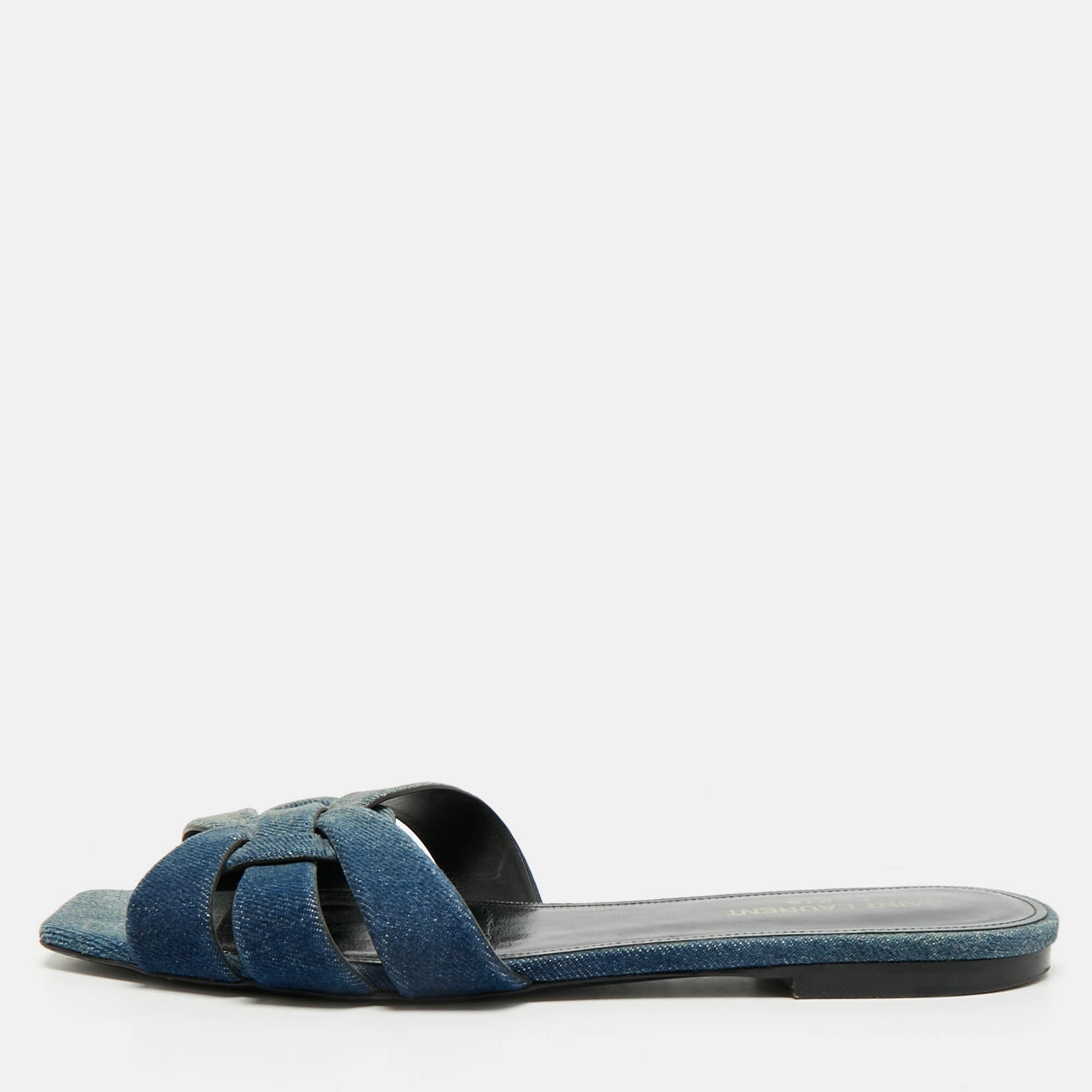 Saint Laurent Tribute Size 39 Blue Denim Flat Slides