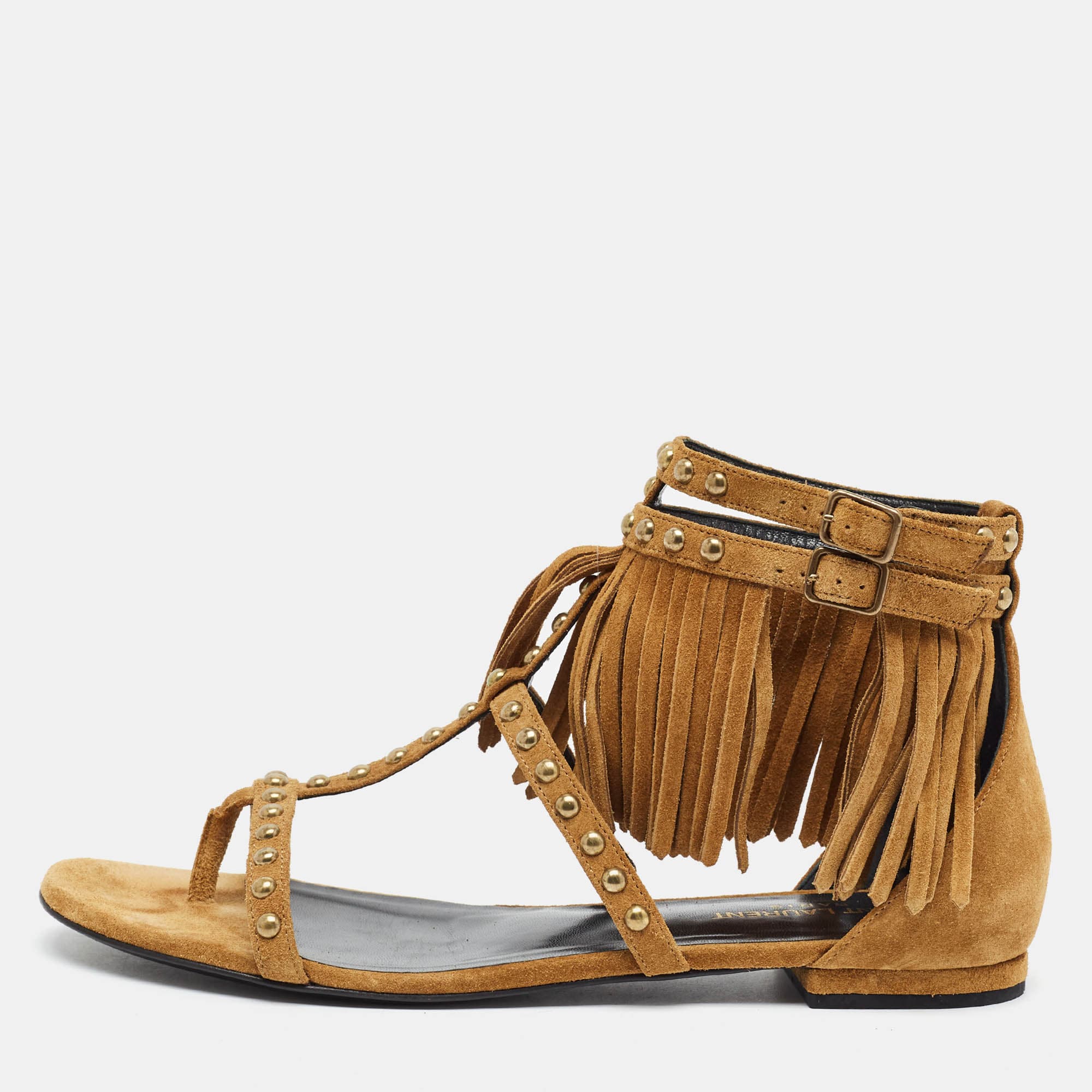 Saint Laurent Size 40 Brown Suede Fringed Detail Ankle Strap Flat Sandals