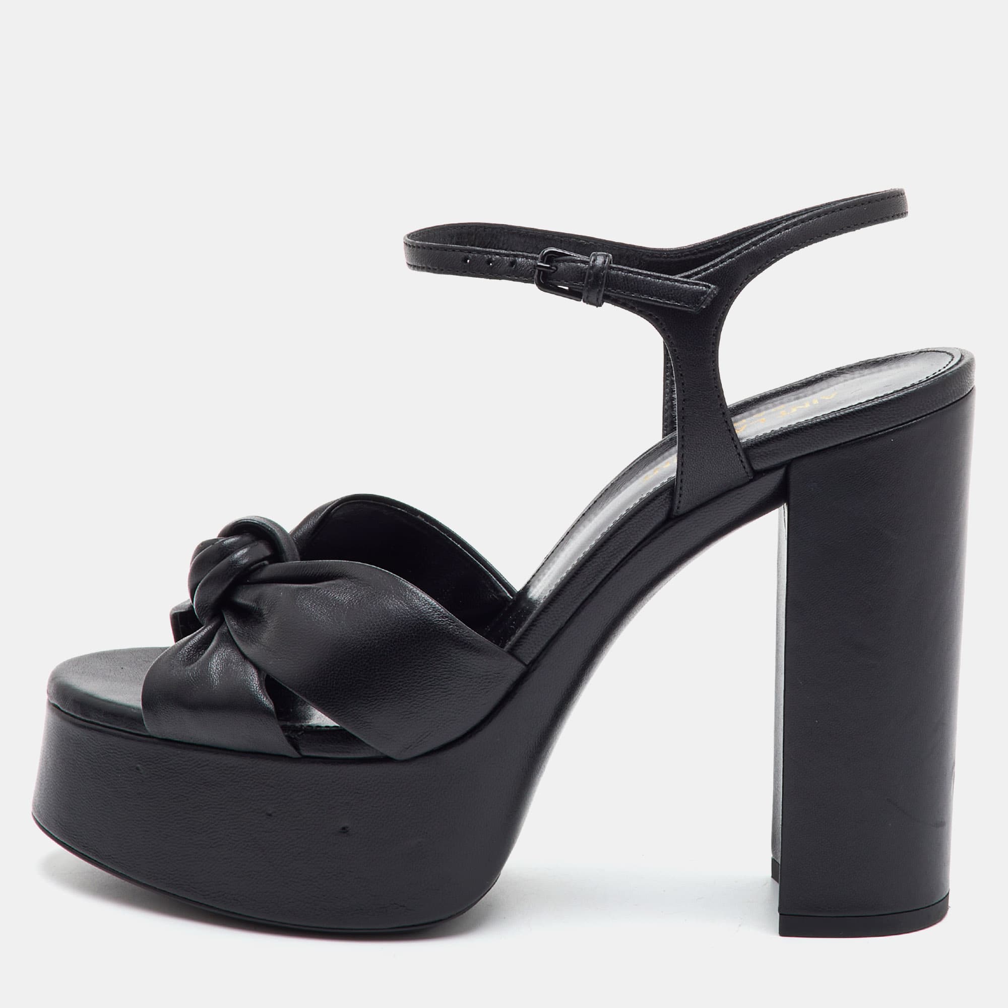 Saint Laurent Bianca Size 38 Black Leather Ankle Strap Platform Sandals