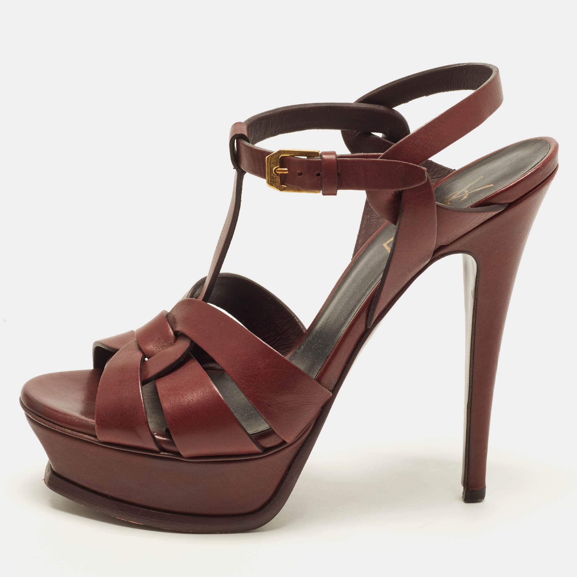Saint Laurent Tribute Size 37 Burgundy Leather Platform Sandals