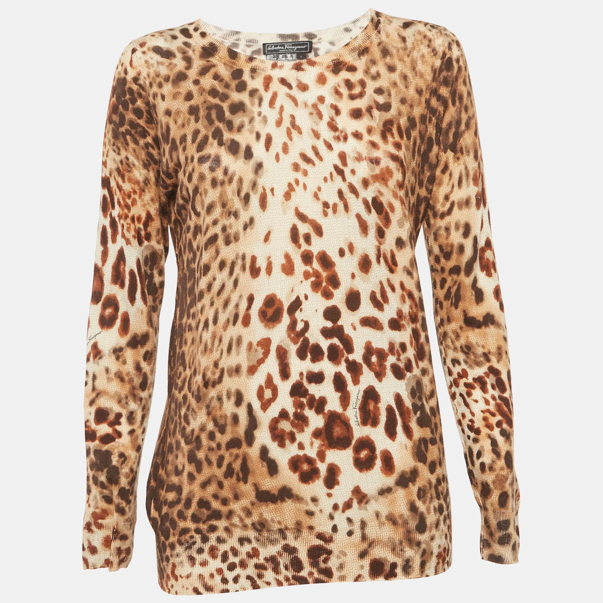 Salvatore Ferragamo Brown Leopard Print Wool Blend Top L