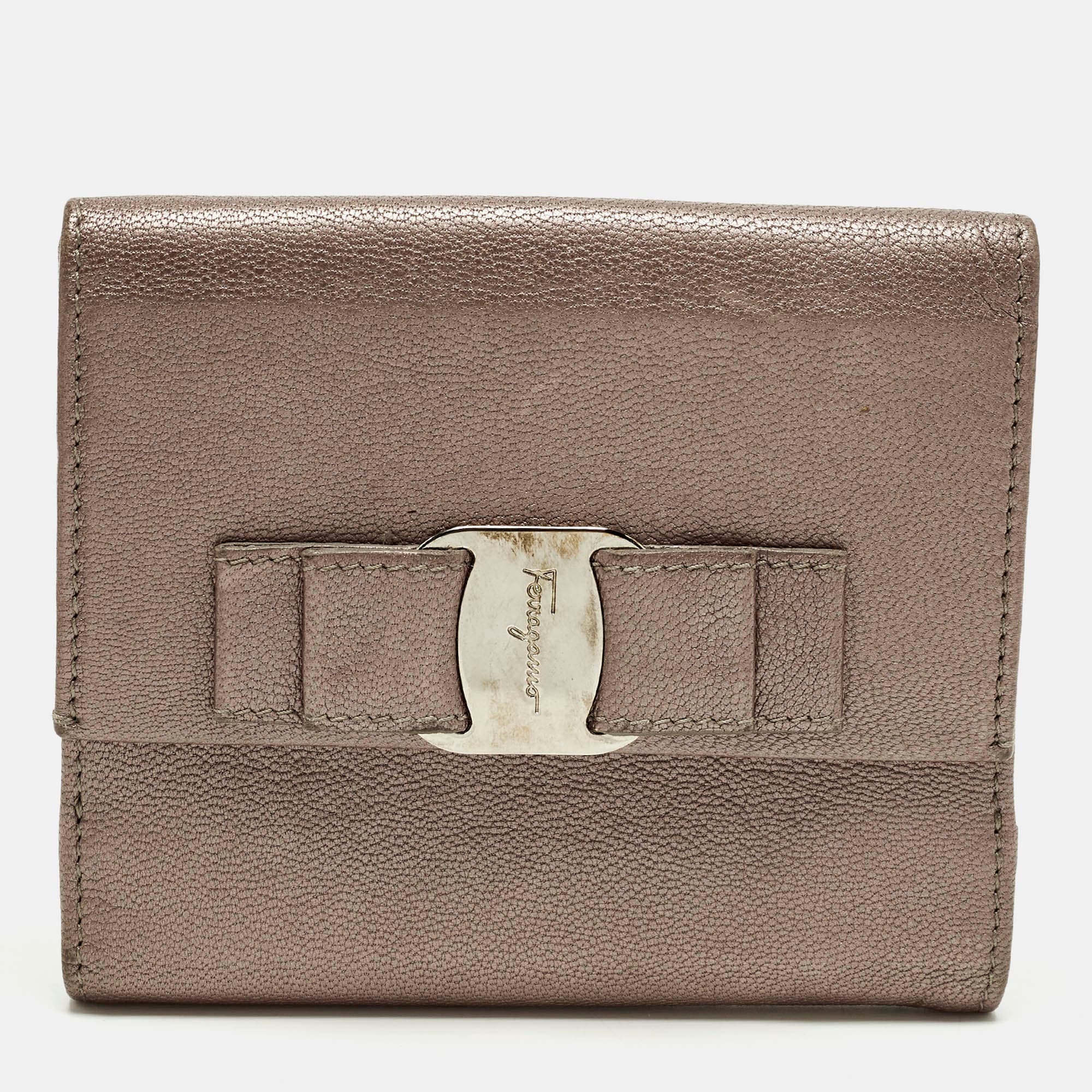 Salvatore Ferragamo Vara Bow Mauve Leather French Wallet