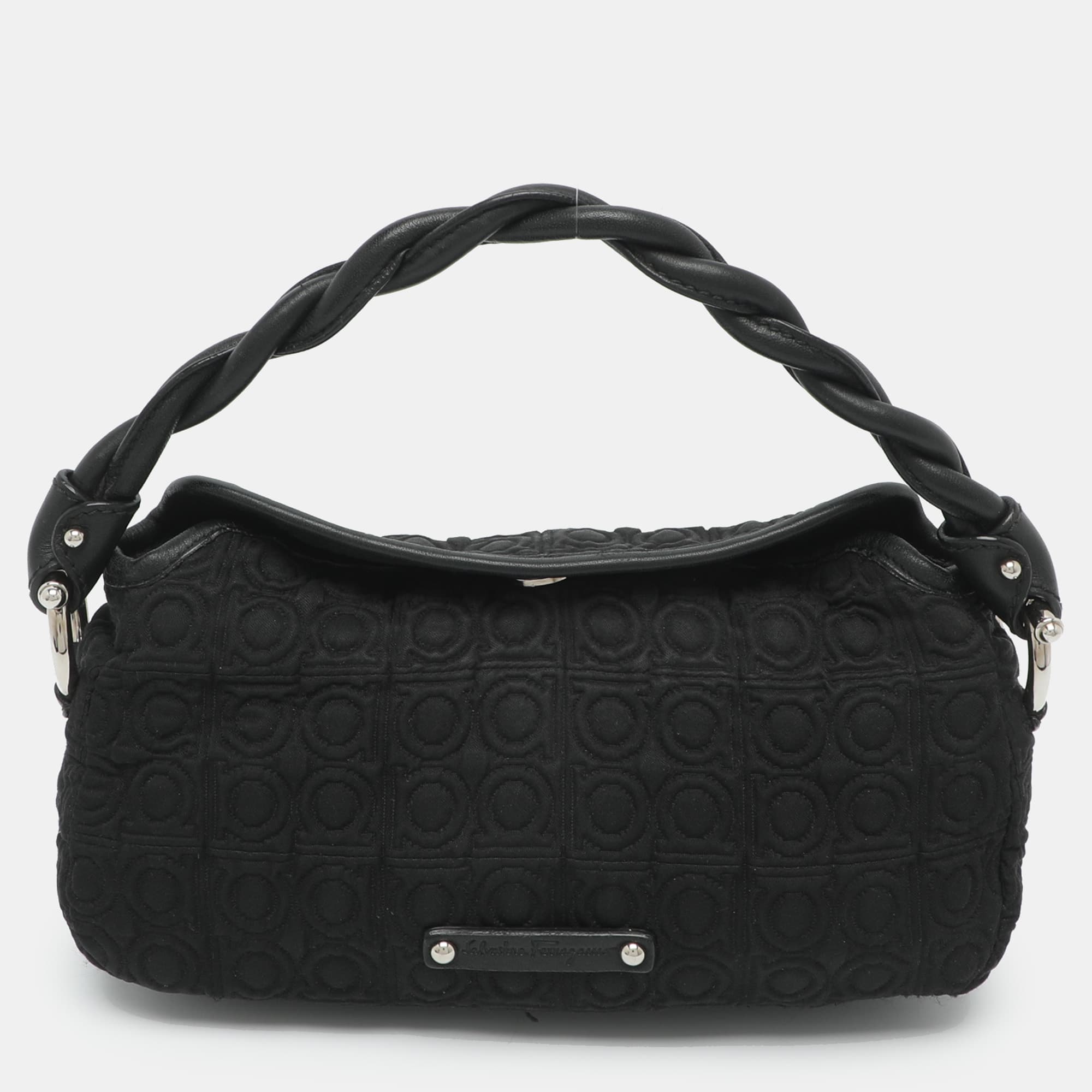 Salvatore Ferragamo Black Jacquard and Leather Shoulder Bag