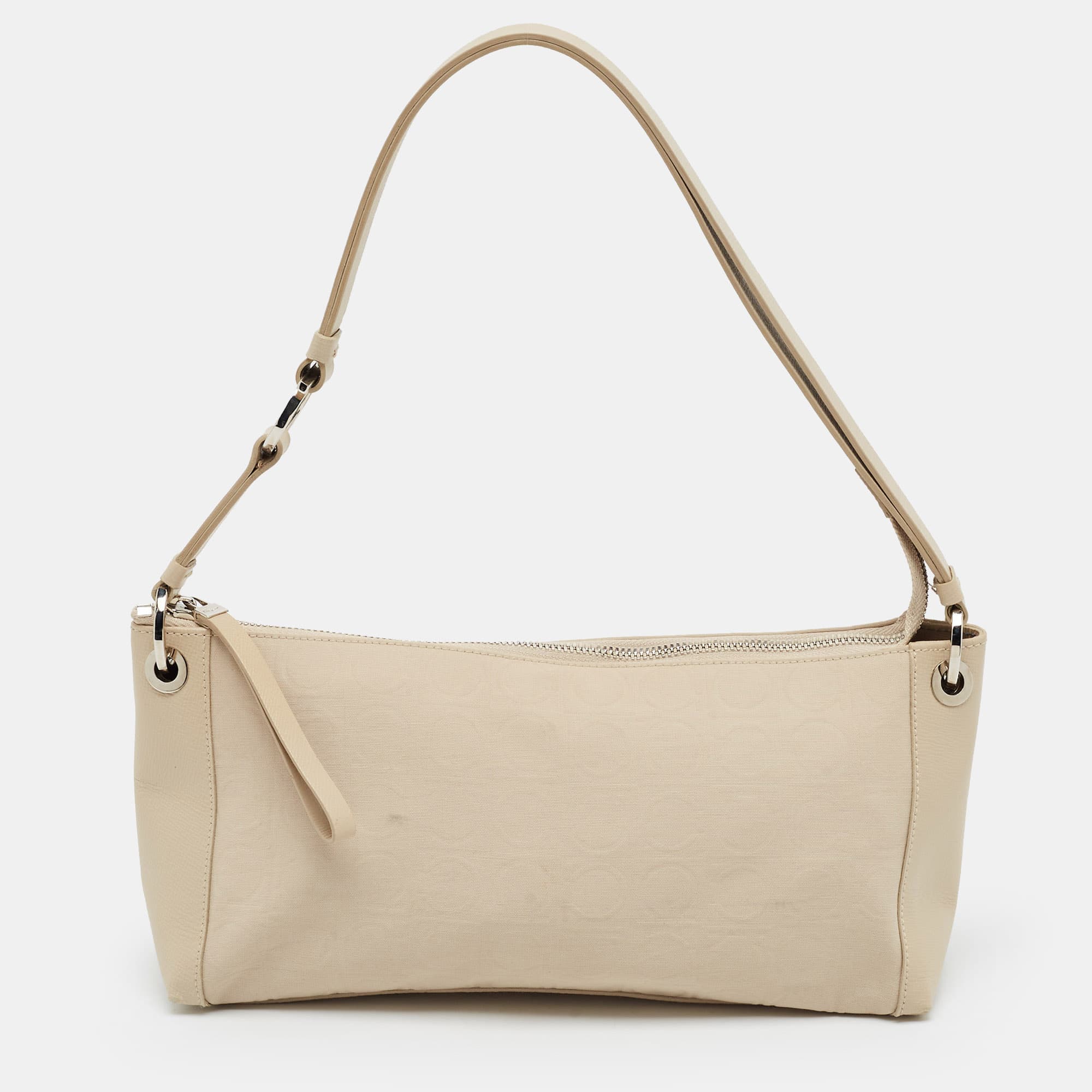 Salvatore Ferragamo Gancini Print Beige Fabric and Leather Shoulder Bag