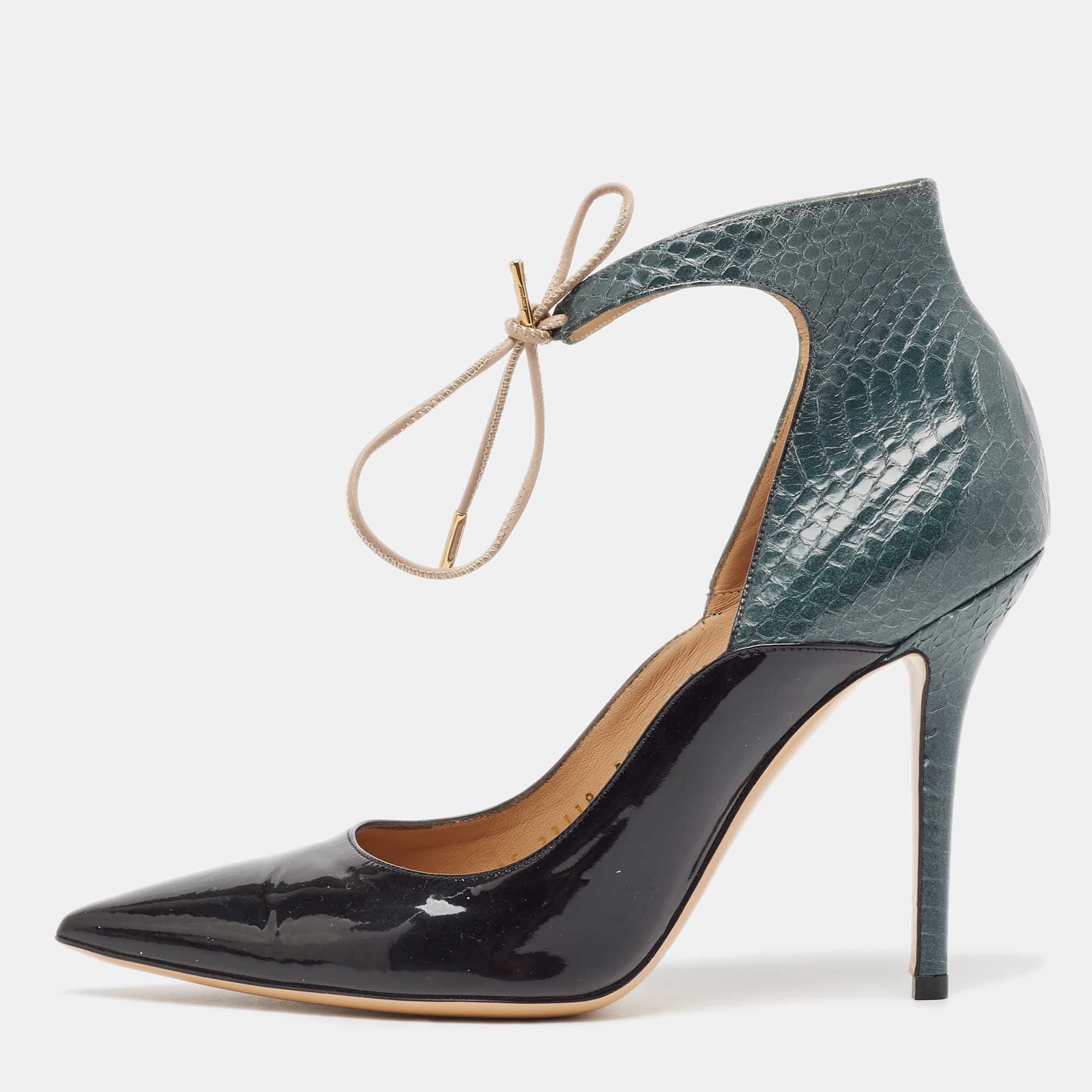 Salvatore Ferragamo Black/Green Patent Leather and Snakeskin Lace Up Pumps Size 38.5