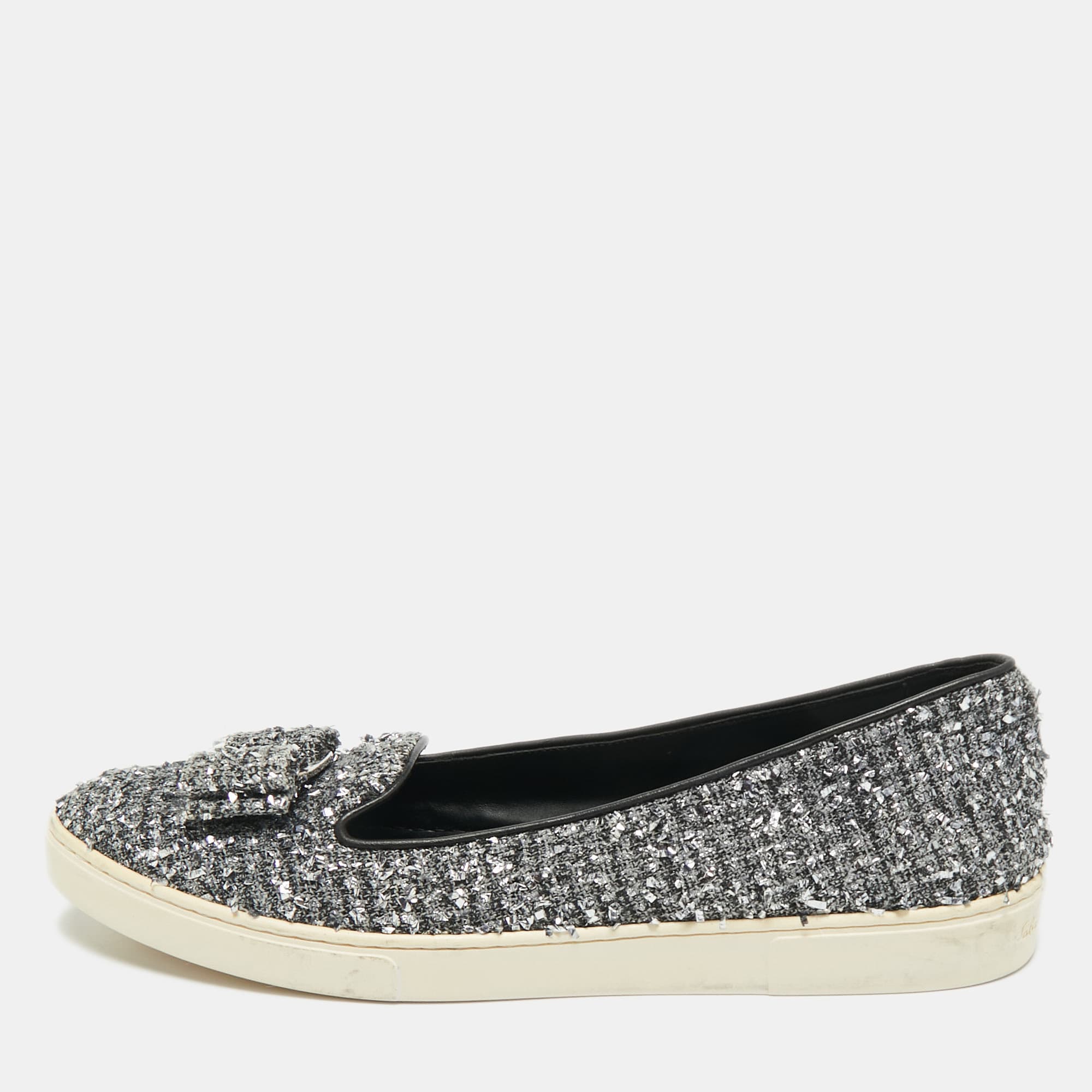 Salvatore Ferragamo Grey Tweed and Leather Novello Slip On Sneakers Size 38.5