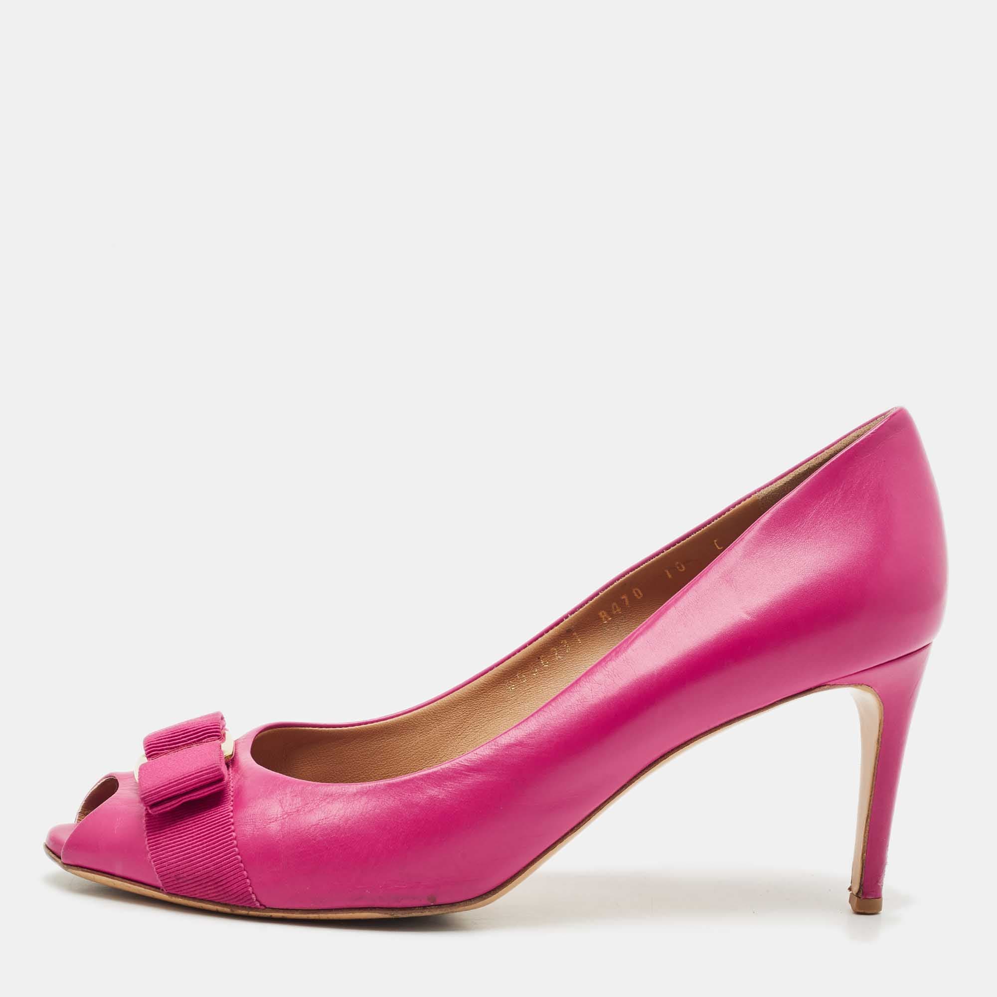 Salvatore Ferragamo Pink Leather Vara Bow Peep Toe Pumps Size 40.5