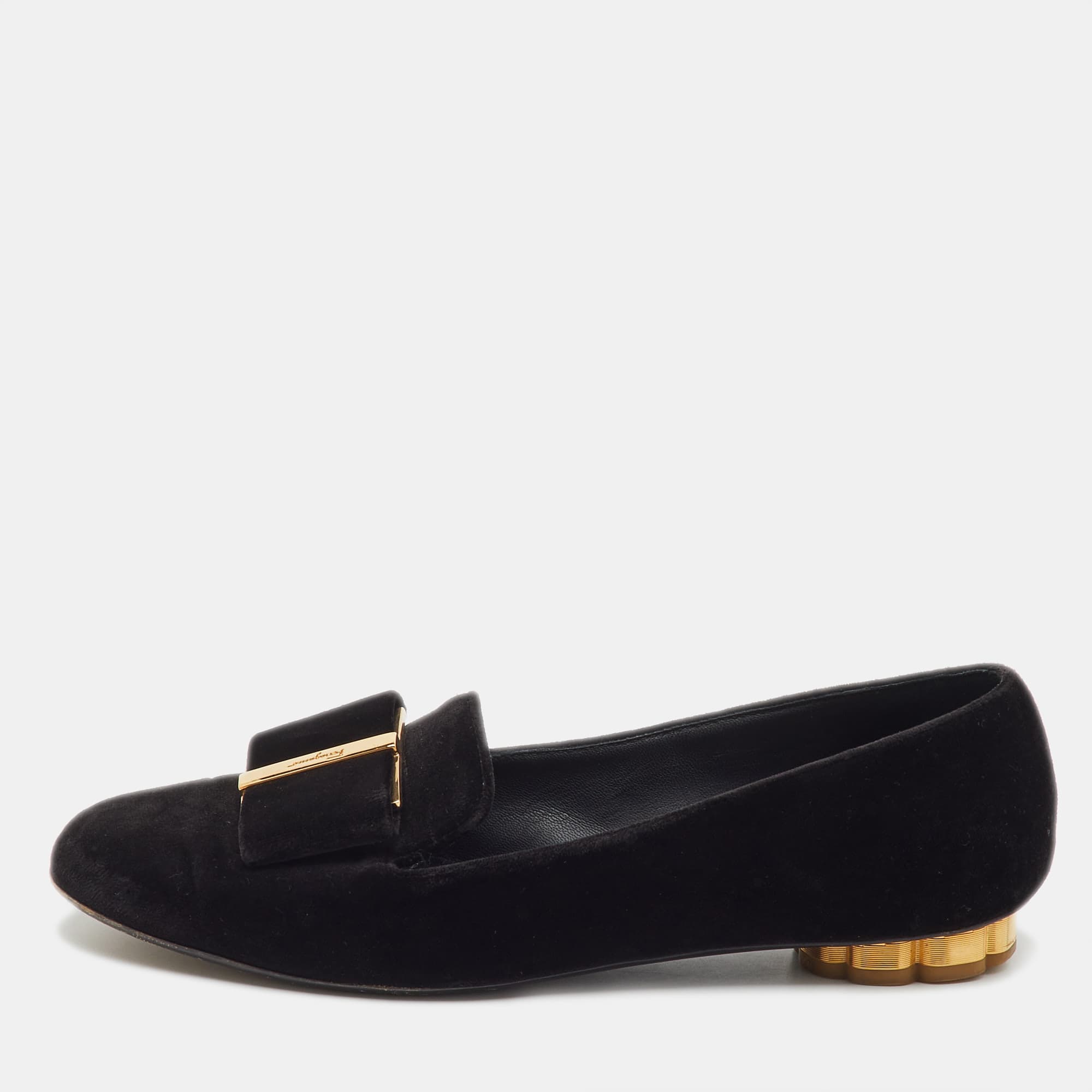 Salvatore Ferragamo Black Velvet Bow Sarno Flower Heel Loafers Size 36
