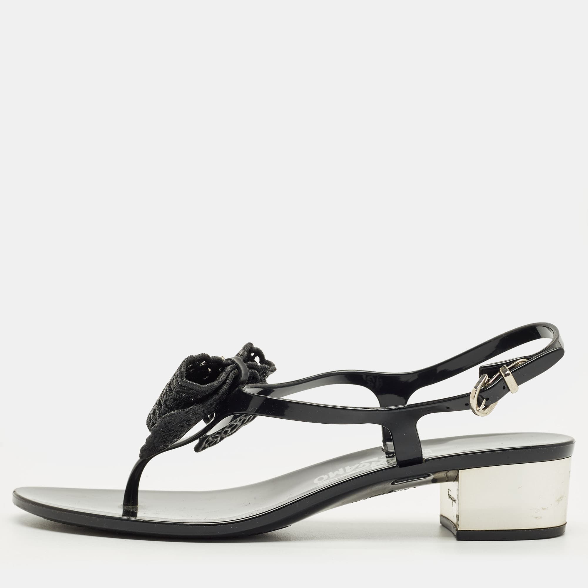 Salvatore Ferragamo Black Rubber per Ankle Strap Sandals Size 37.5