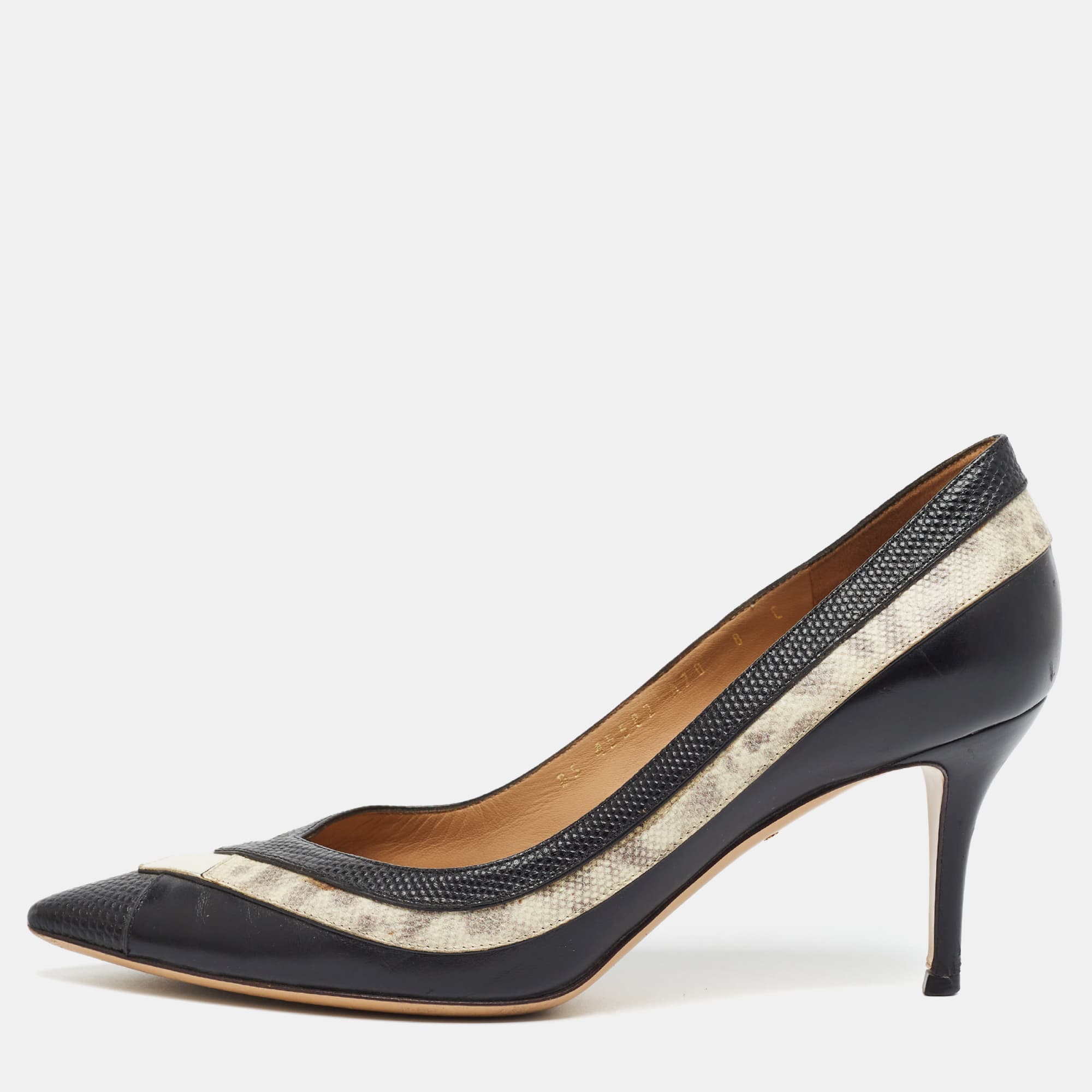 Salvatore Ferragamo Size 38.5 Black/White Karung Leather and Leather Pumps