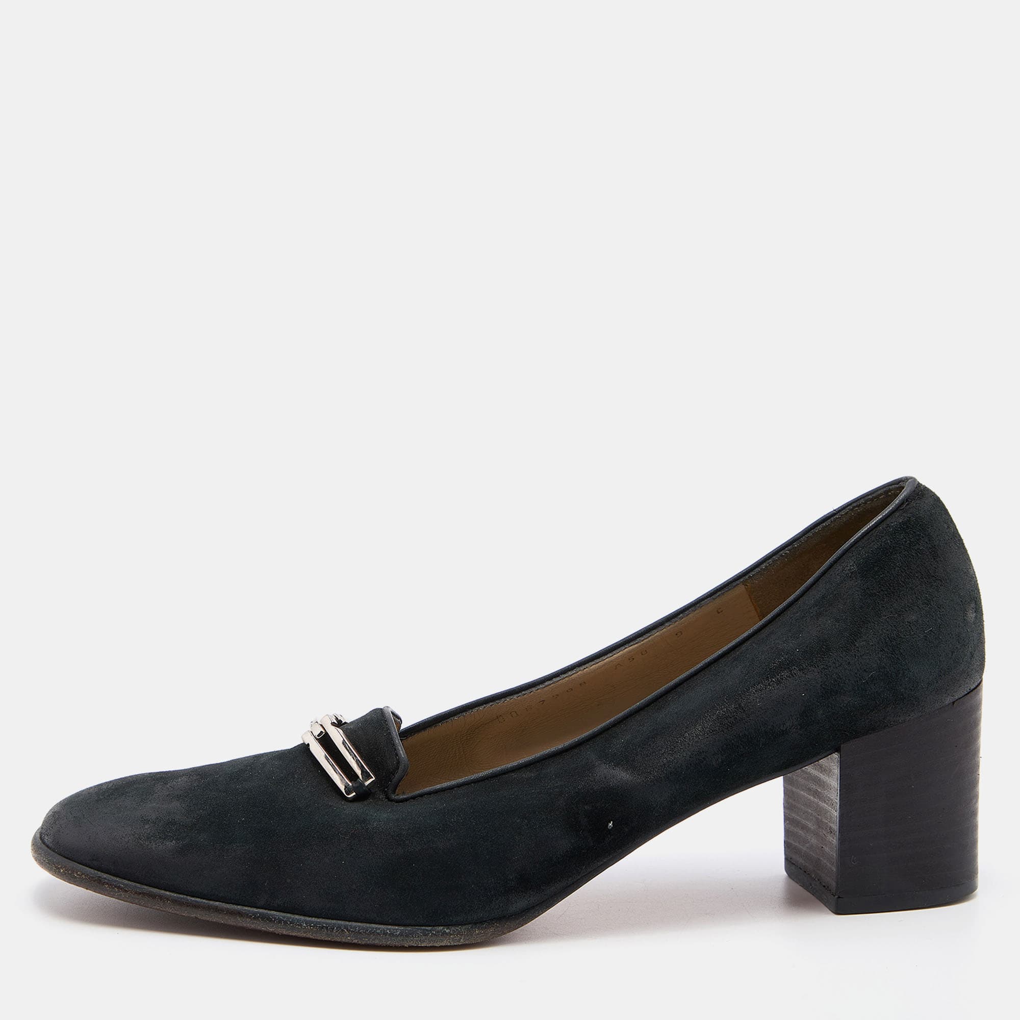 Salvatore Ferragamo Size 39.5 Black Nubuck Leather Block Heel Pumps