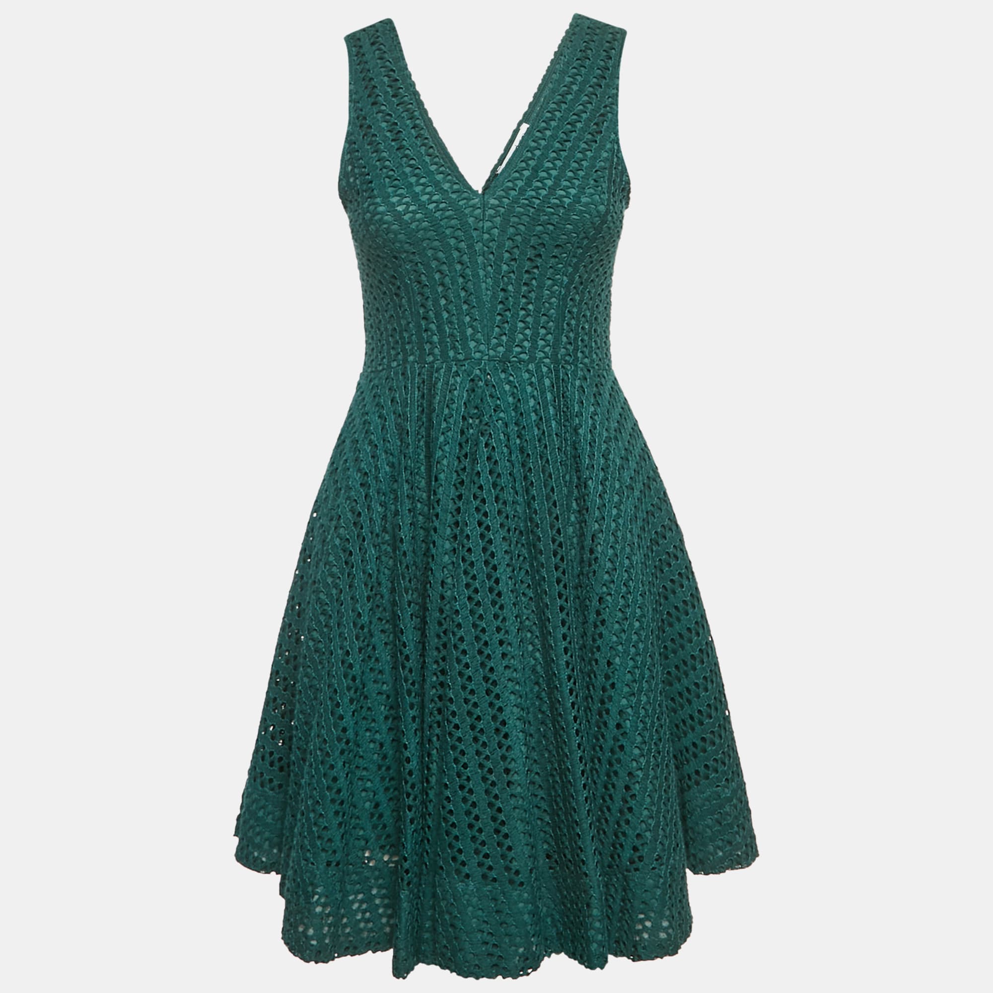 Sandro Green Crochet V-Neck Fit and Flare Mini Dress L