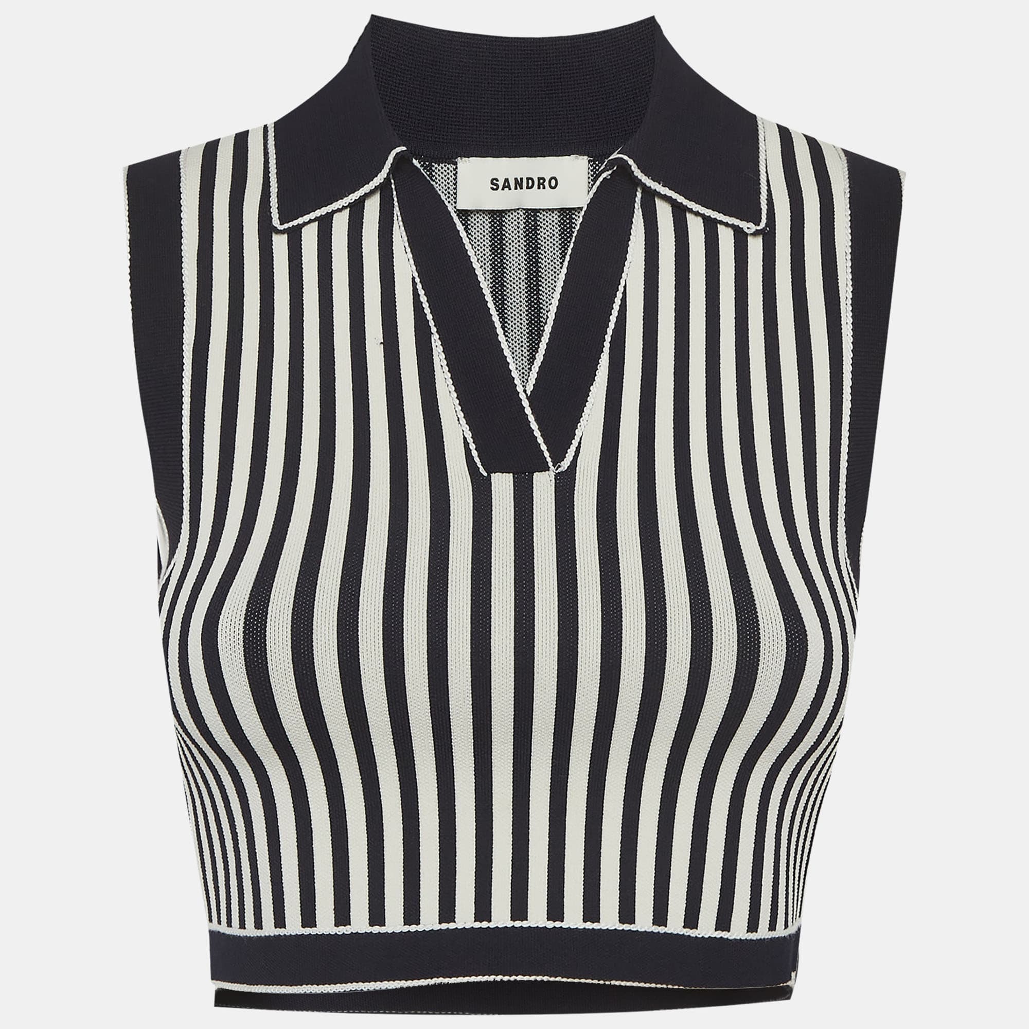 Sandro Blue/White Striped Collared Crop Top S