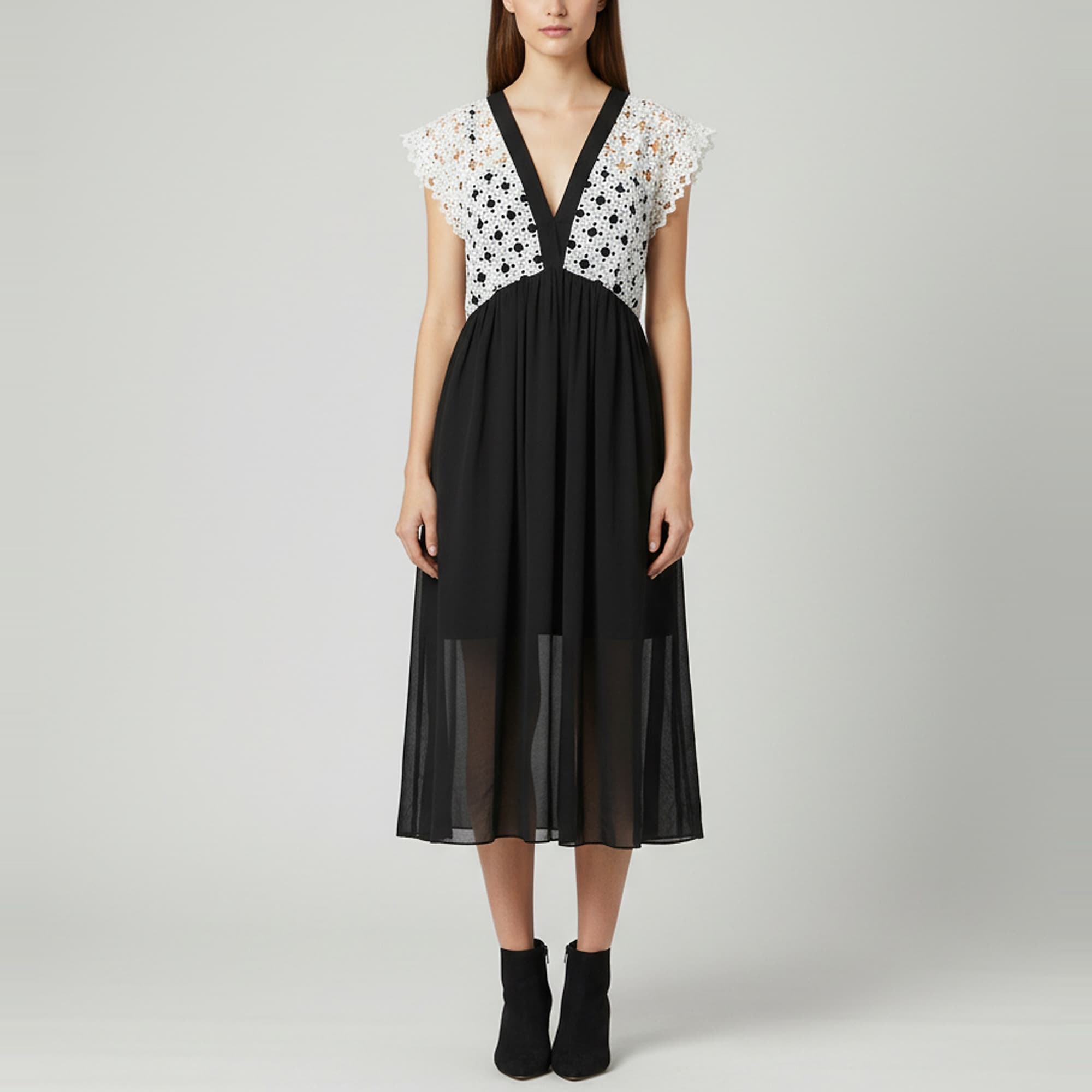 Sandro Black/White Lace Pattern Crepe V-Neck Midi Dress M