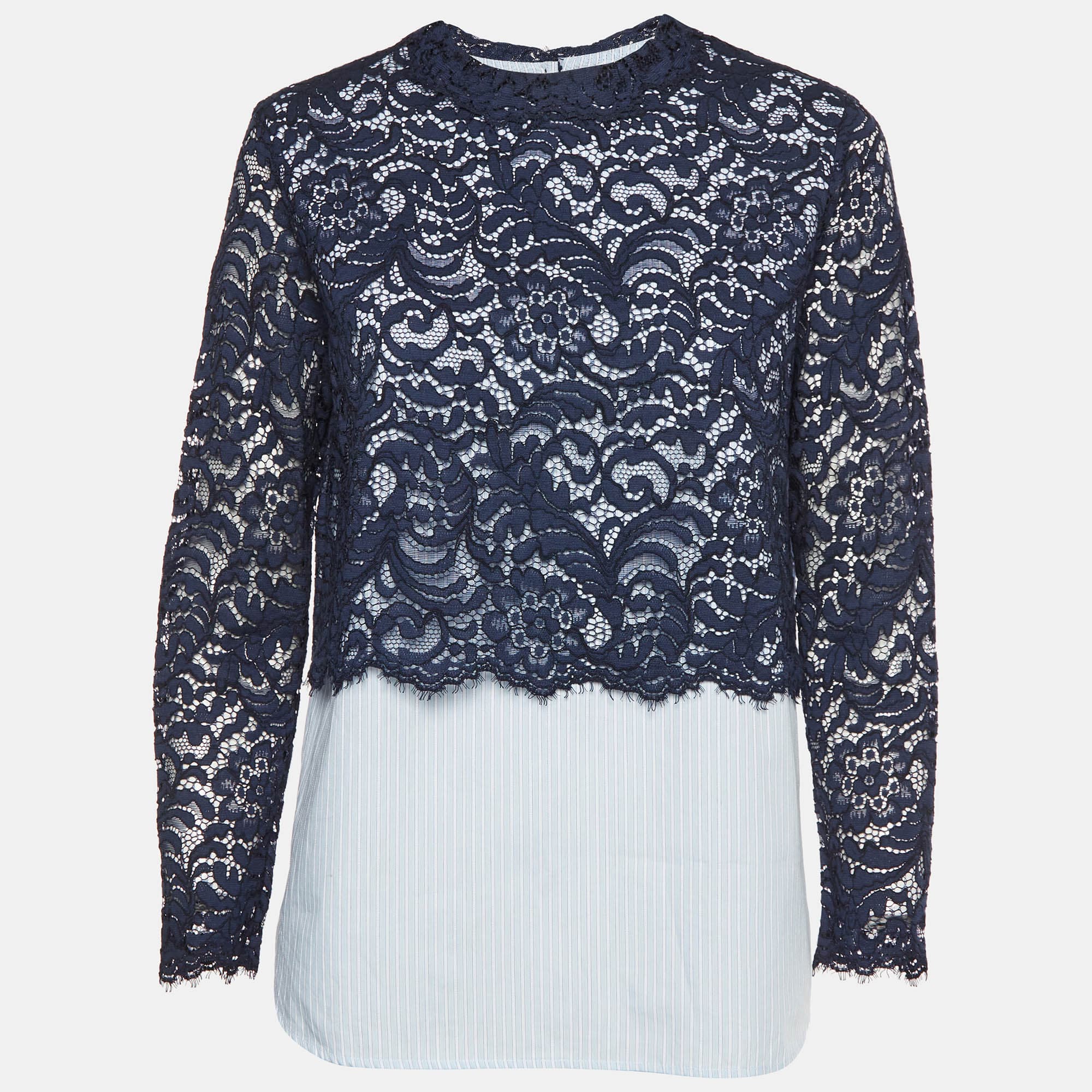 Sandro Blue Pinstripe Cotton and Lace Overlay Long Sleeve Blouse M