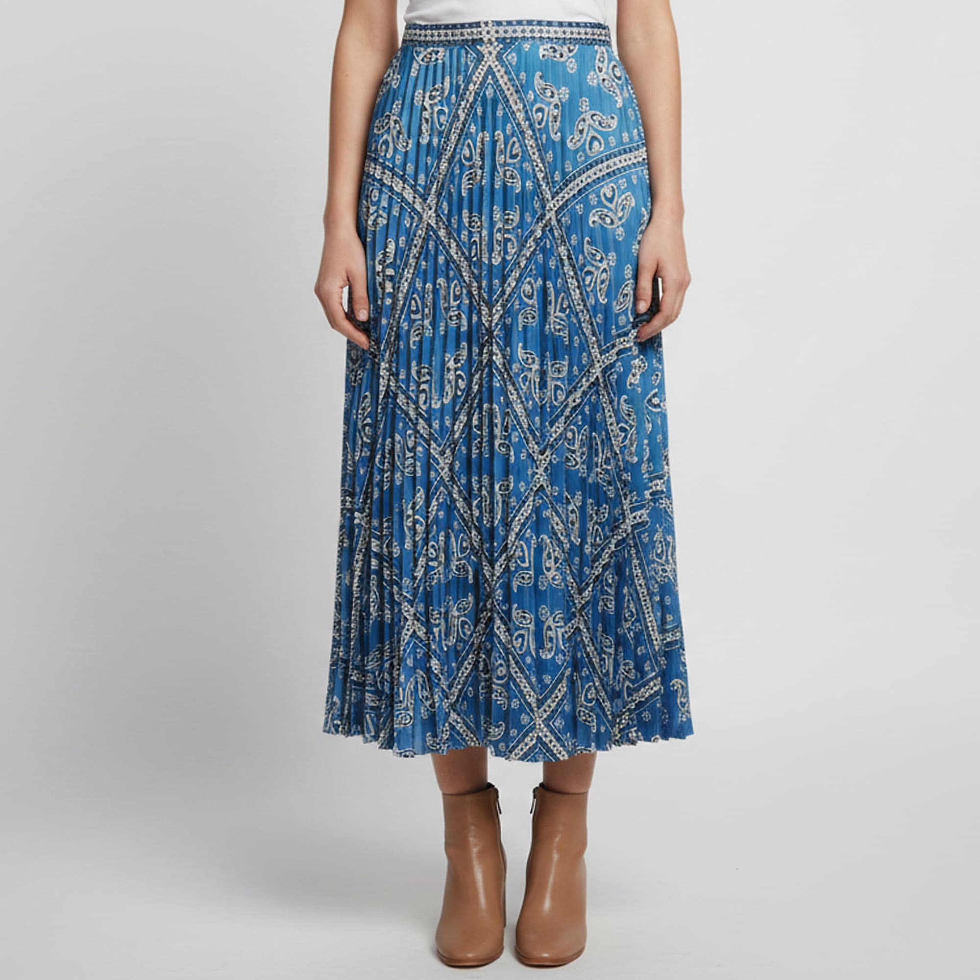 Sandro Blue Paisley Print Plisse Flared Midi Skirt XS