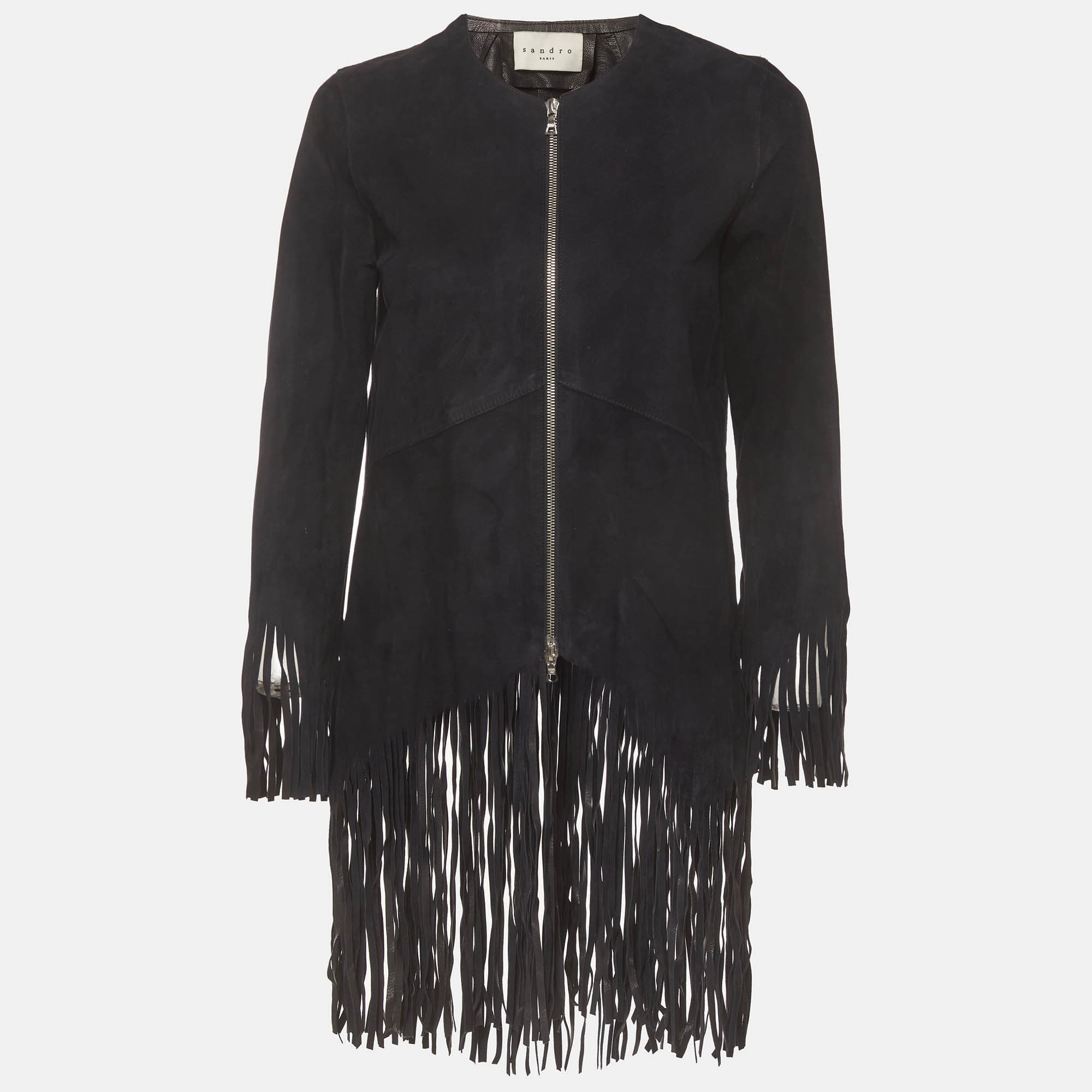 Sandro Navy Blue Suede Zip-Up Fringed Jacket S