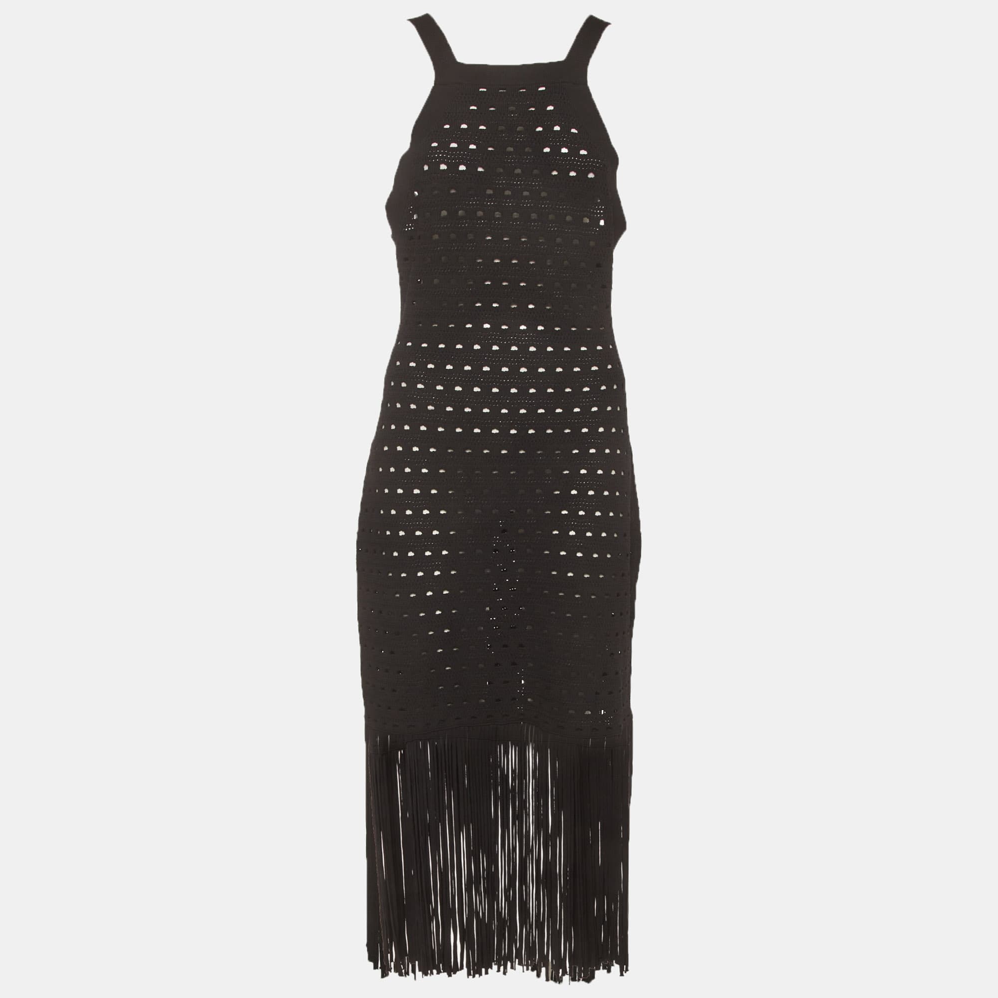 Sandro Black Pointelle Knit Fringed Susanne Midi Dress XL