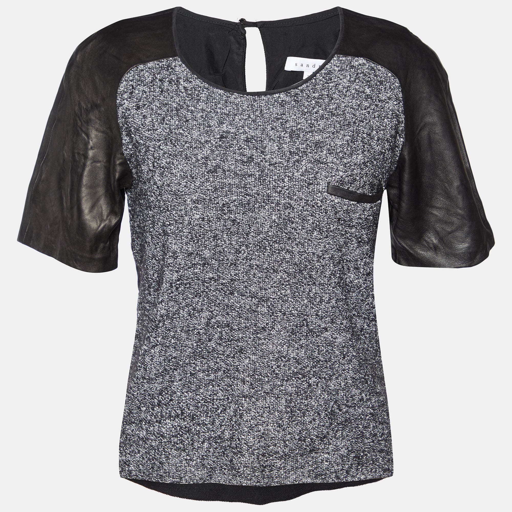 Sandro Black Terry & Leather Short Sleeve Blouse L