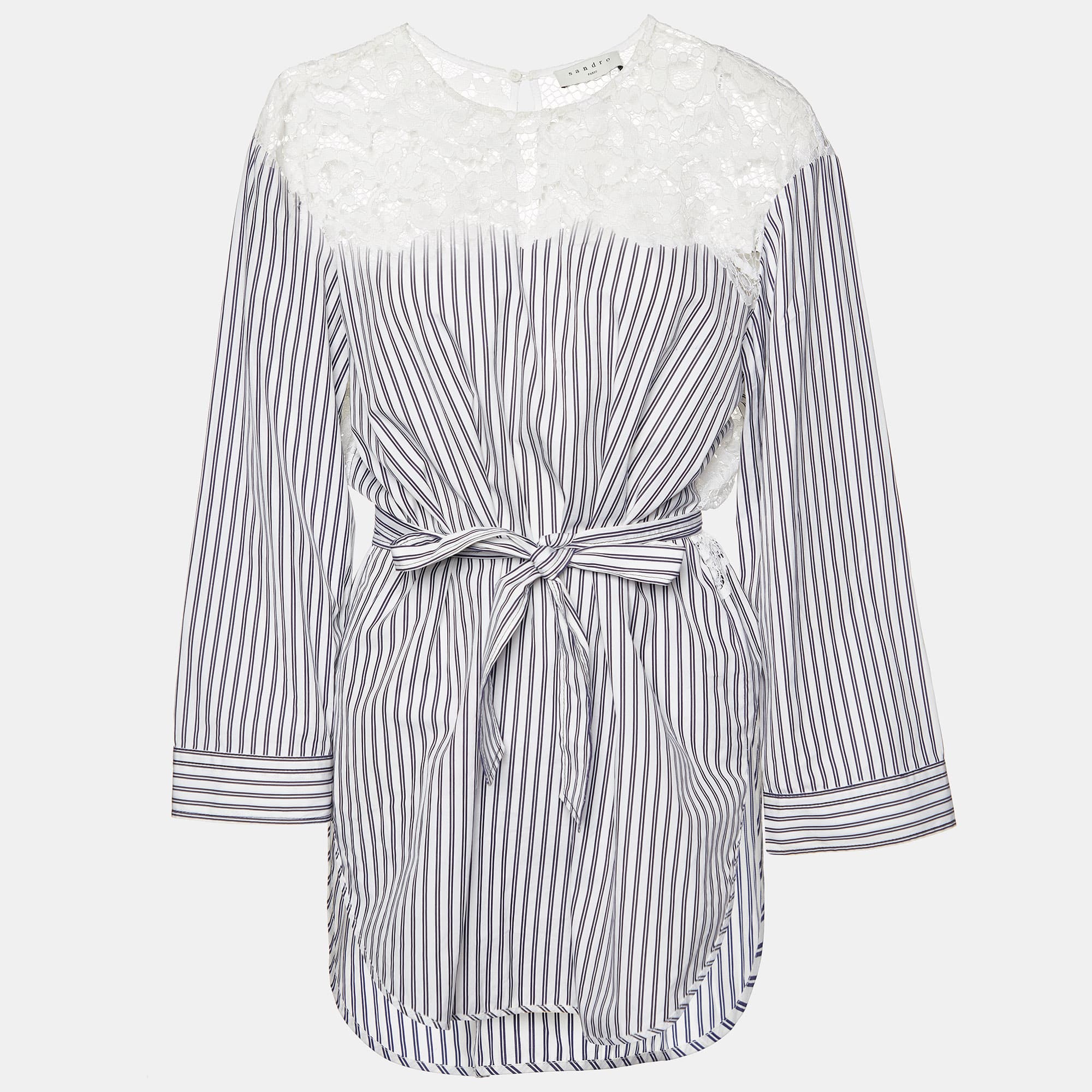 Sandro White/Blue Striped Cotton Lace Trim Dorothee Top L