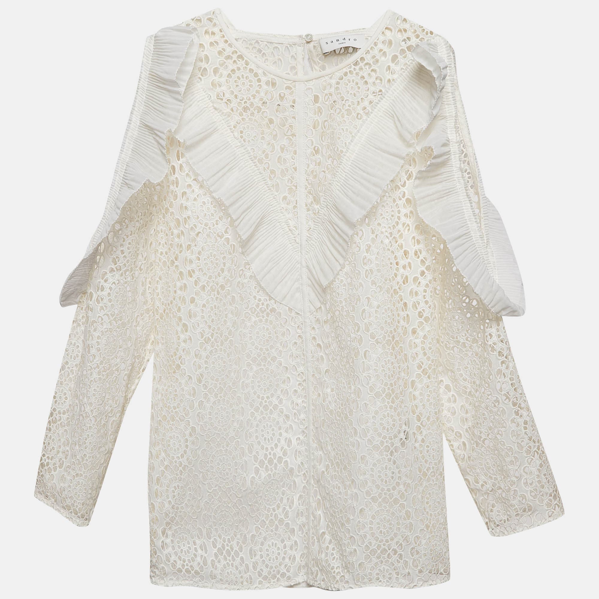 Sandro Off-White Lace Full Sleeve Ruffled Top M