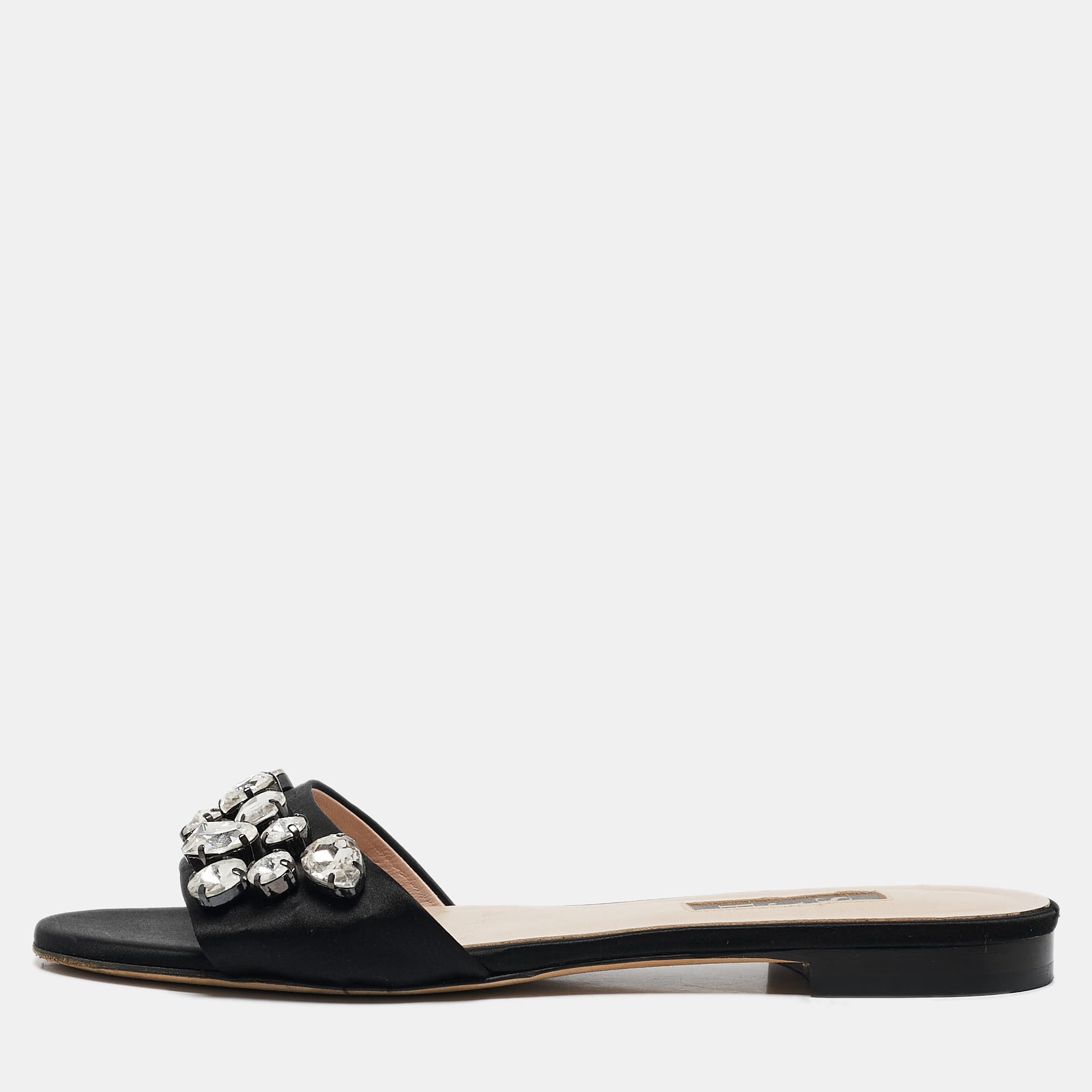 SJP Sarah Jessica Parker Black Satin Crystal Embellished Flat Slides Size 37
