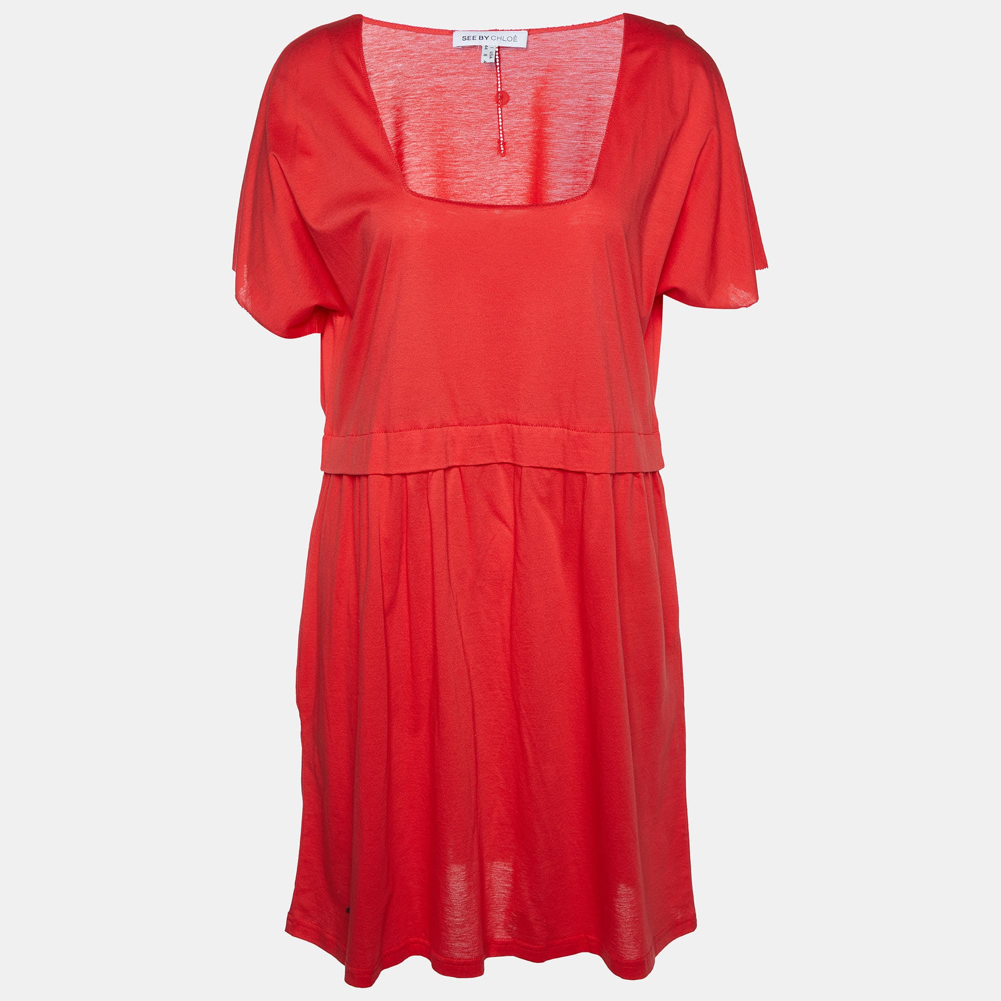 See by Chloé Coral Red Cotton Knit Mini Dress M