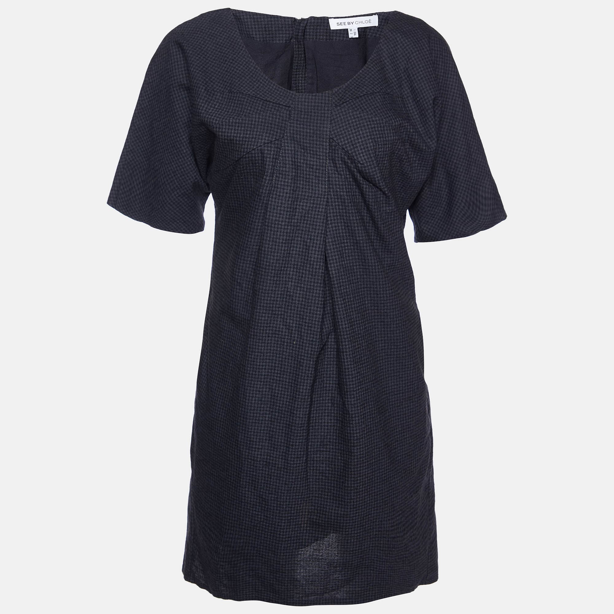 See by Chloe Grey Checked Wool & Cotton Shift Dress S