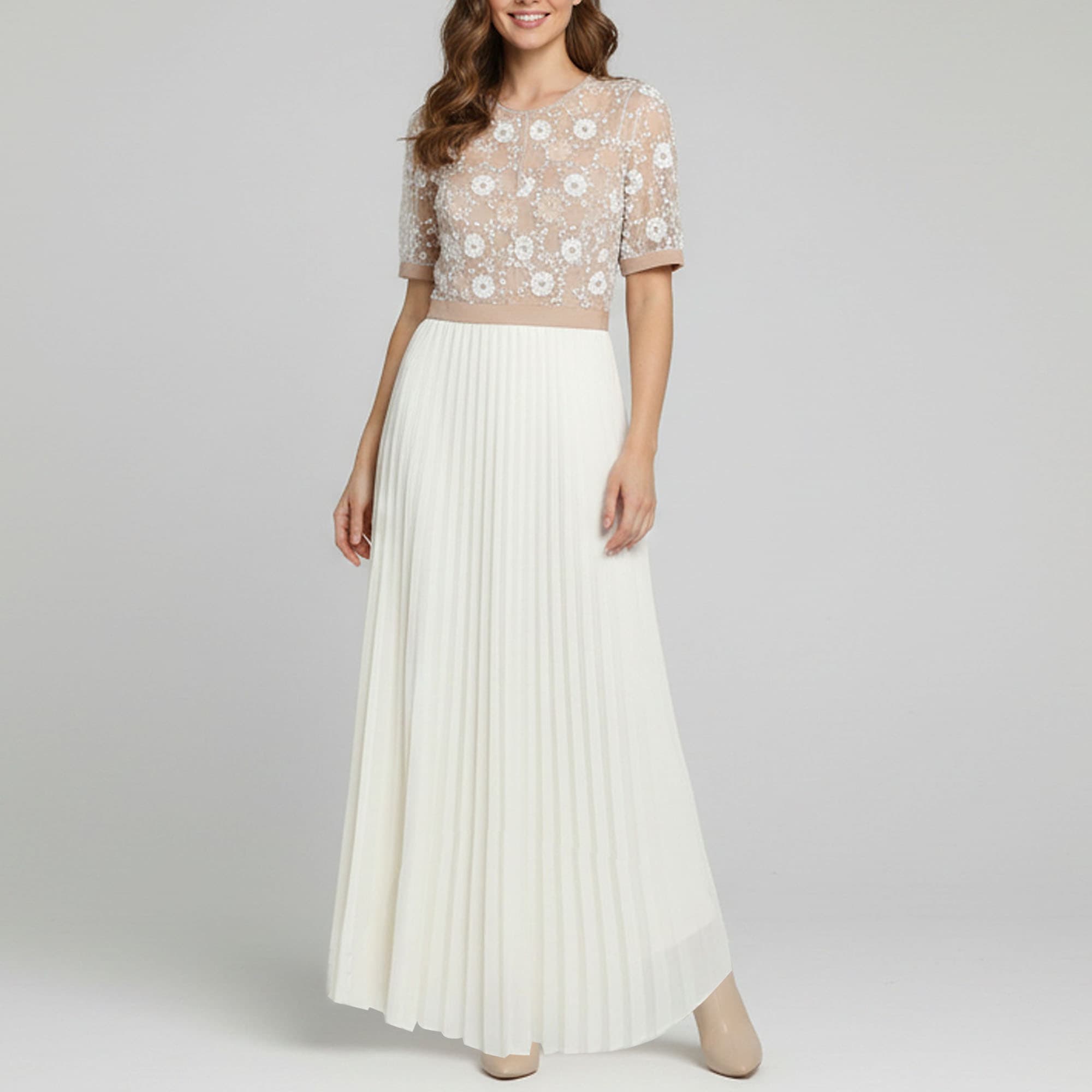 Self-Portrait White/Beige Flower Sequin Pleated Maxi Dress M