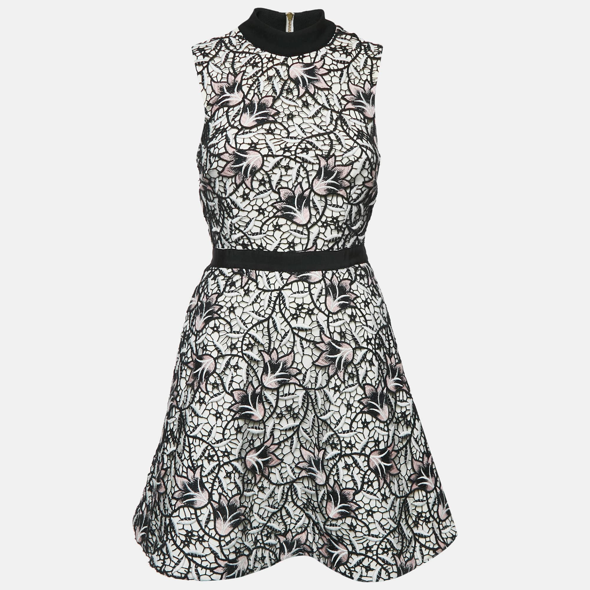 Self-Portrait White/Black Floral Lace Mini Dress S