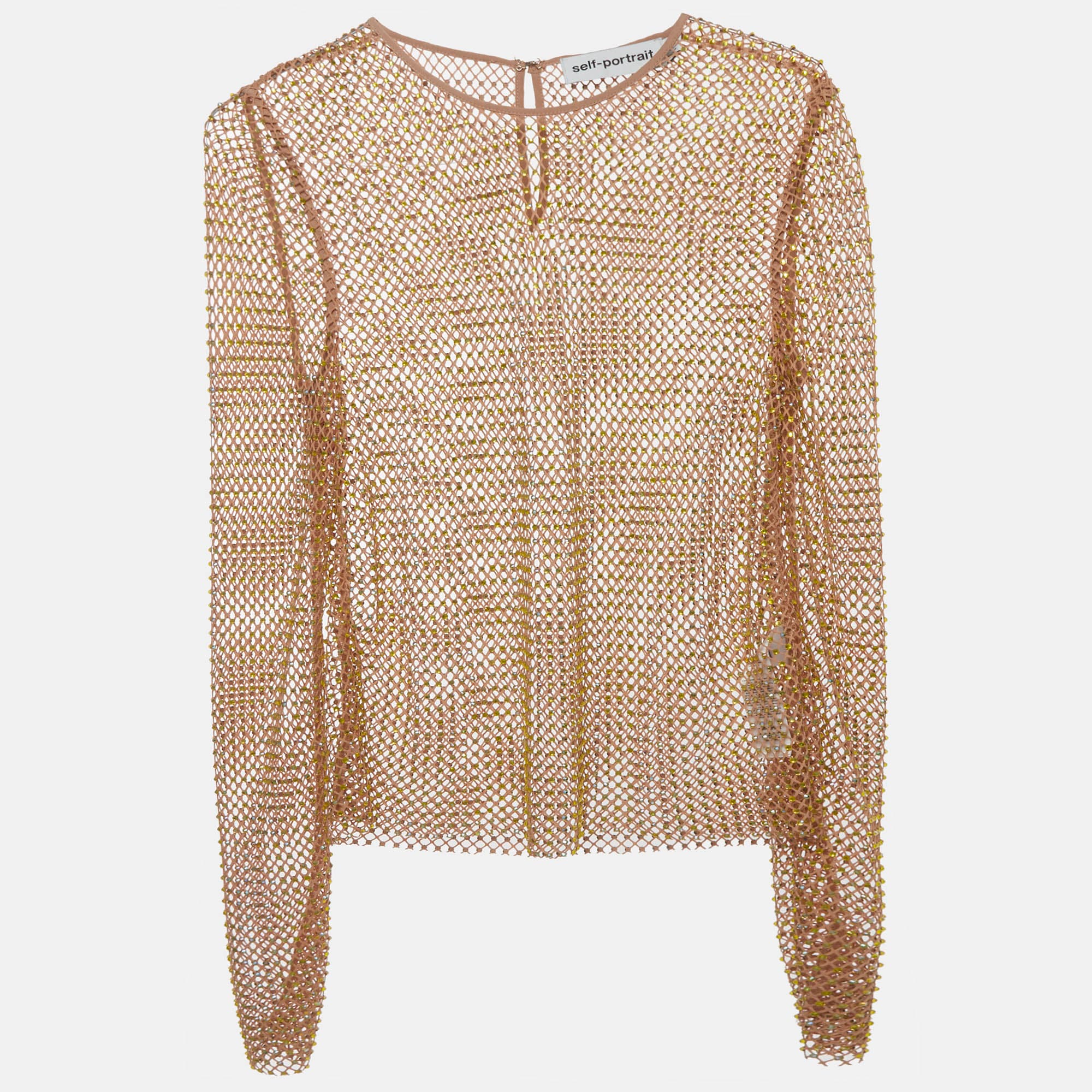 Self-Portrait Tan Rhinestone Detail Hotfix Fishnet Top M