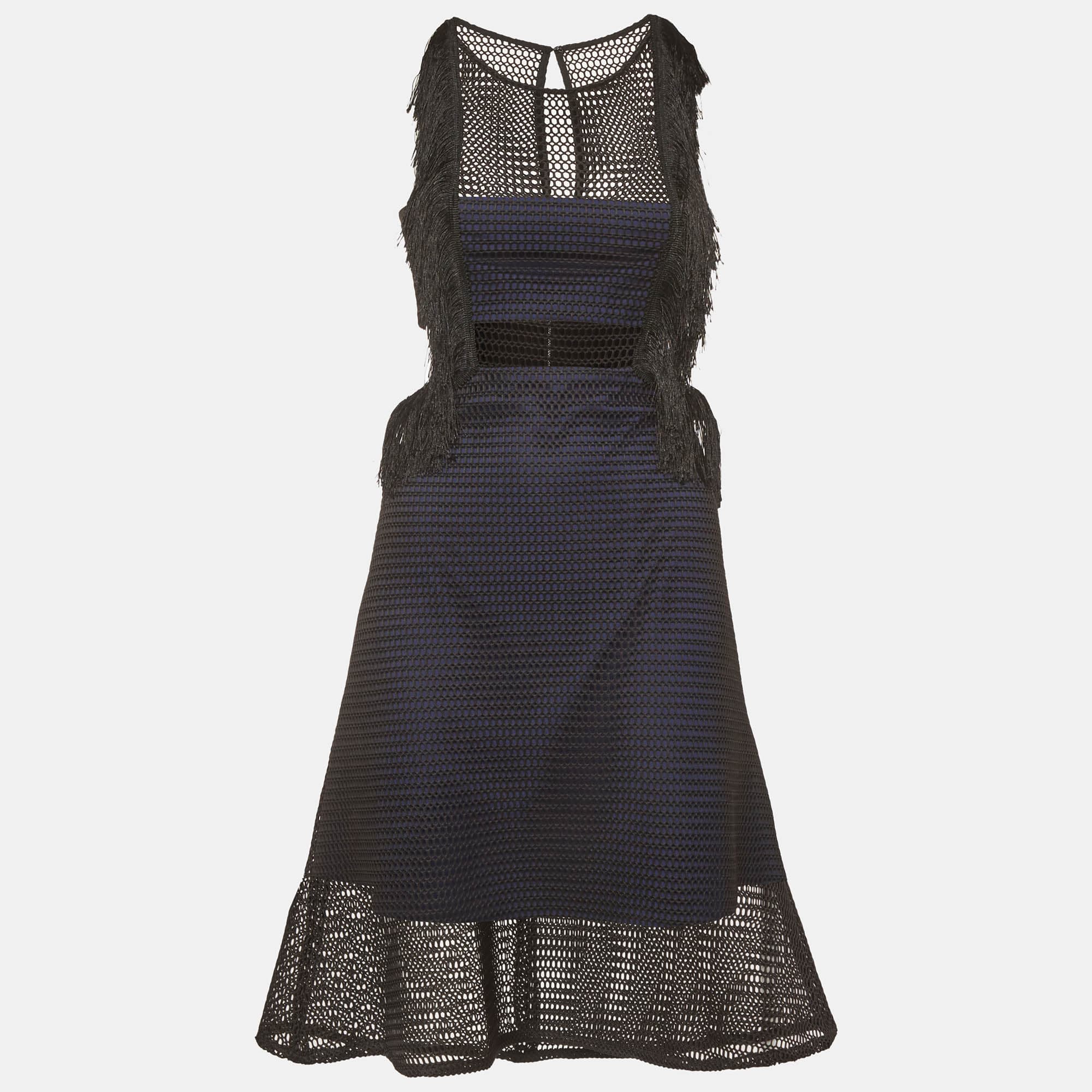 Self-Portrait Black/Navy Blue Mesh and Knit Flared Fringe Dress M