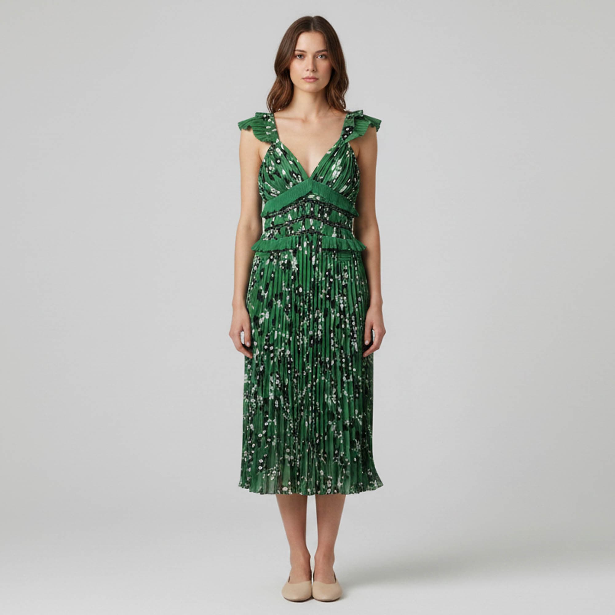 Self-Portrait Green Floral Print Plissé Crepe Cold Shoulder Midi Dress M