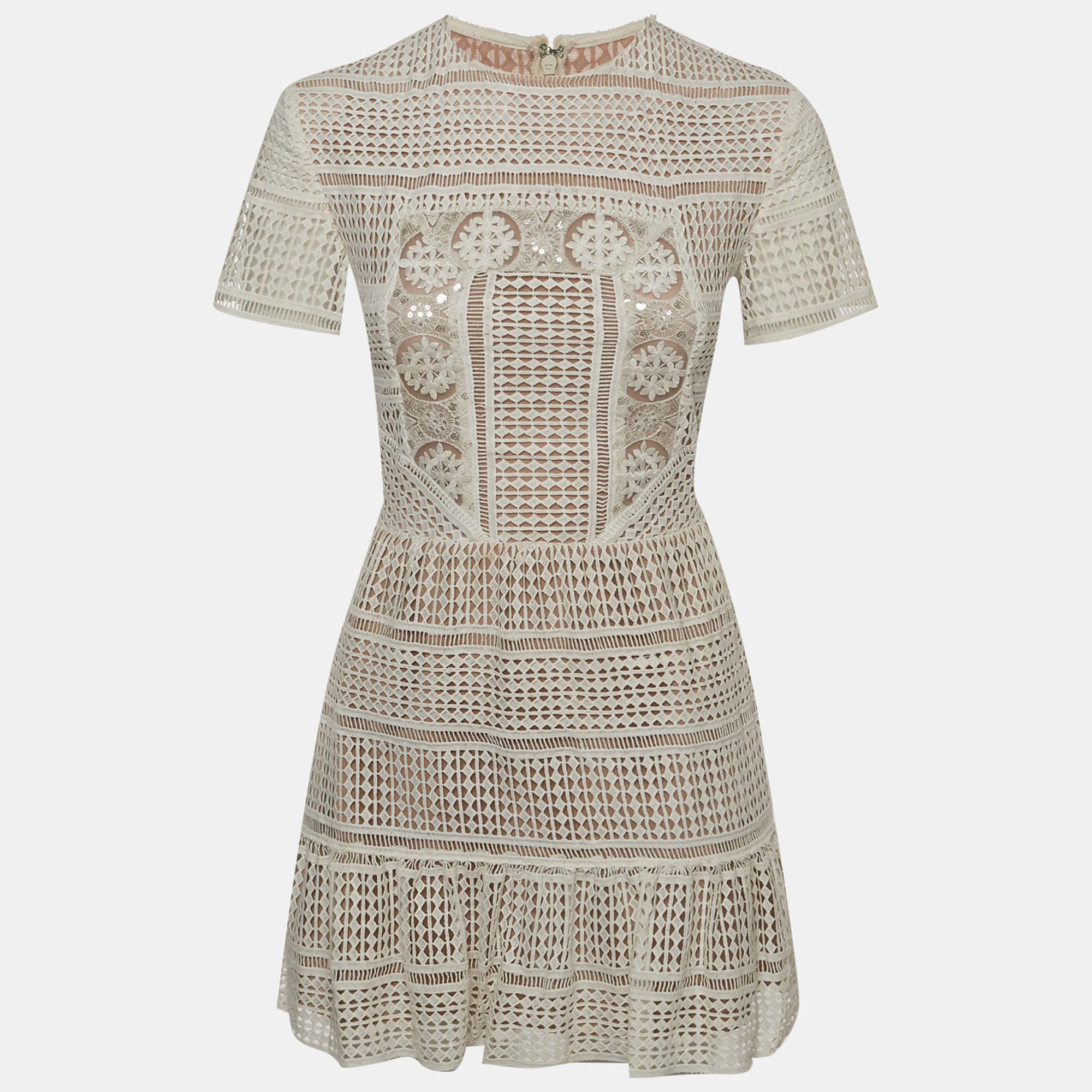 Self-Portrait White Patchwork Guipure Lace Short Sleeve Mini Dress S
