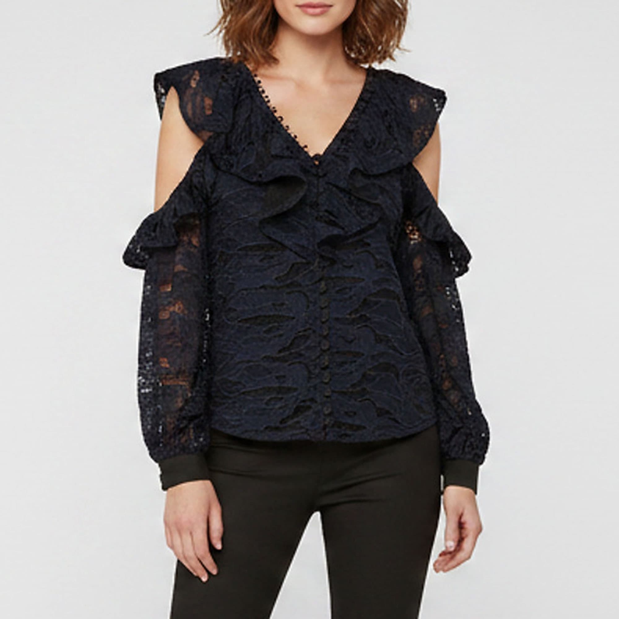 Self-Portrait Navy Blue Guipure Lace Ruffled V-Neck Blouse M