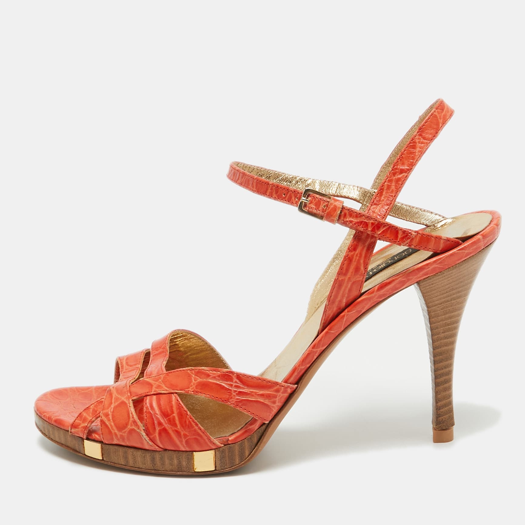 Sergio Rossi Size 40.5 Orange Croc Embossed Patent Leather Ankle Strap Sandals