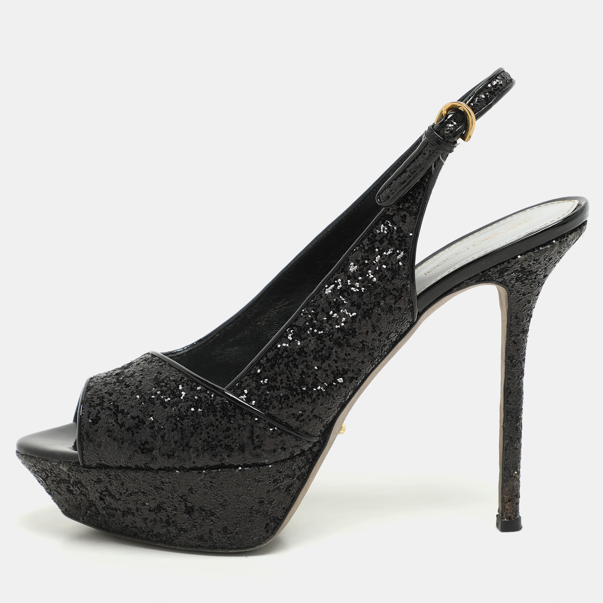 Sergio Rossi Metallic Black Glitter Slingback Platform Sandals Size 41