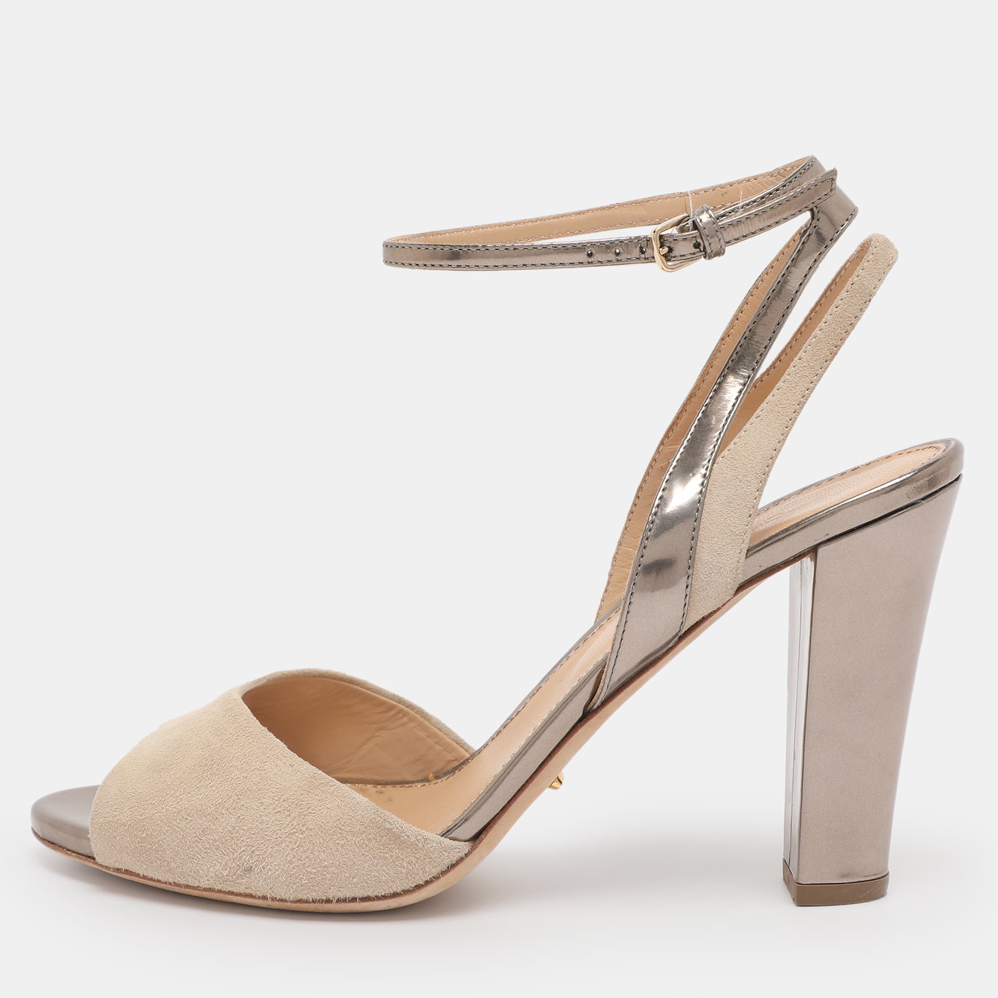 Sergio Rossi Beige Leather and Suede Ankle Strap Sandals Size 38.5