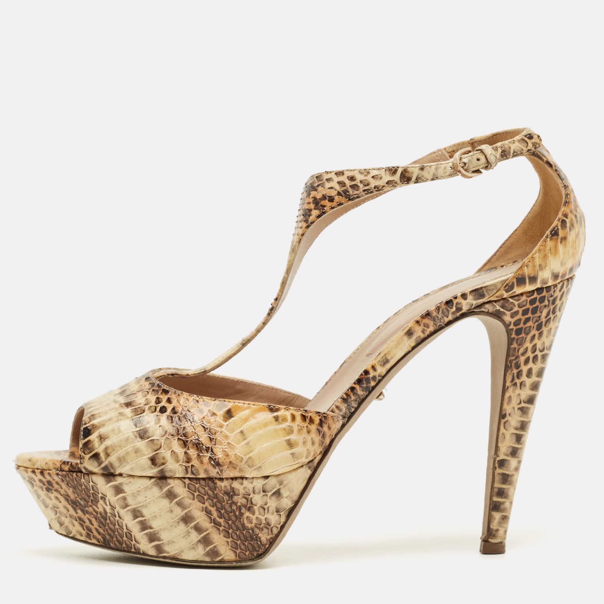 Sergio Rossi Beige/Brown Python Leather T-Strap Platform Sandals Size 39