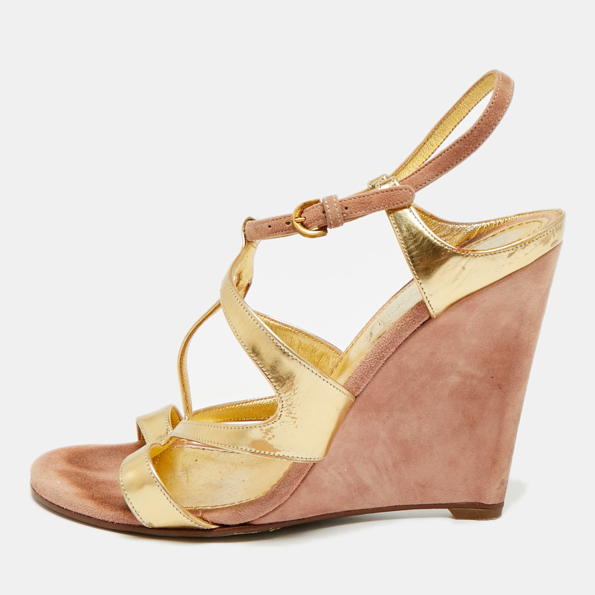 Sergio Rossi Size 37.5 Gold/Beige Leather and Suede Wedge Sandals
