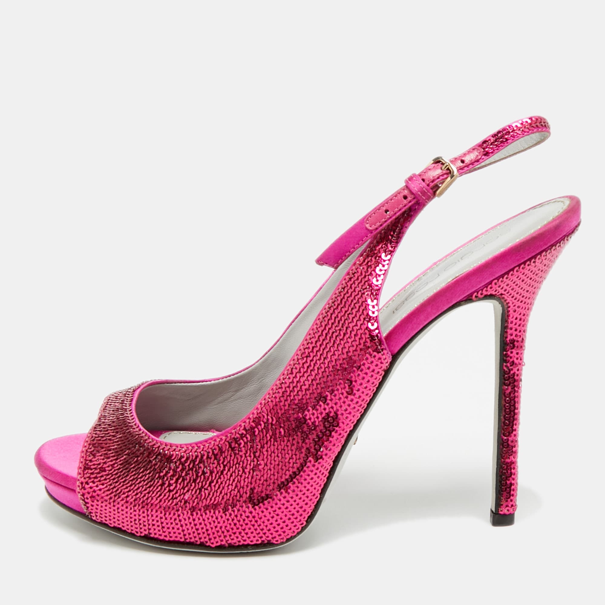Sergio Rossi Size 37 Pink Satin and Sequins Ankle Strap Sandals