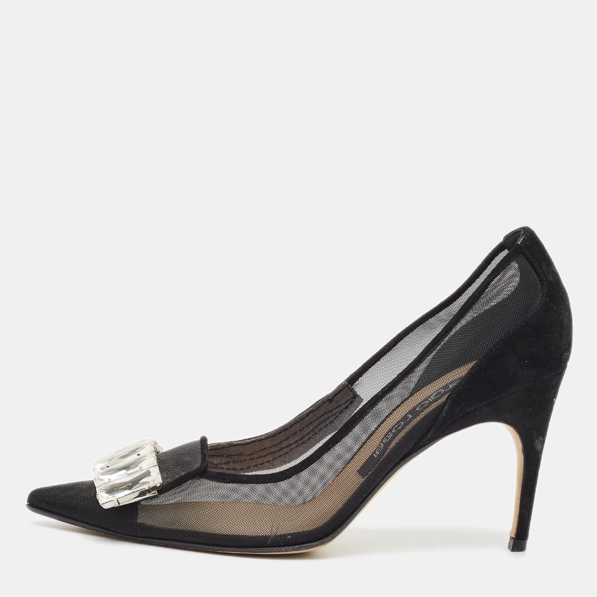 Sergio Rossi Size 38.5 Black Mesh and Suede Crystal Pointed Toe Pumps